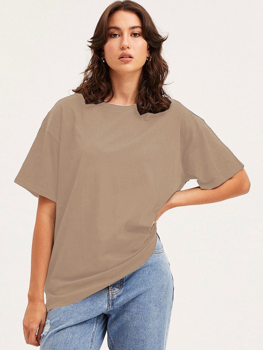 

Genzy Women Drop-Shoulder Sleeves Pockets T-shirt, Beige