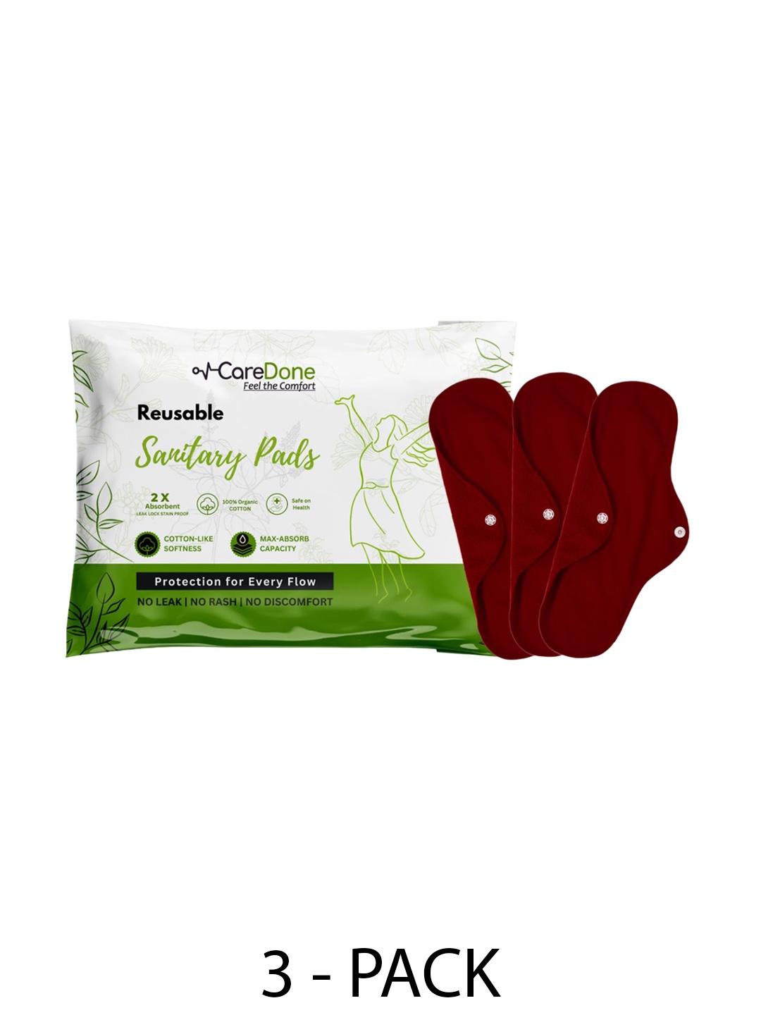 

CareDone Set Of 3 Reusable 100% Organic Cotton Sanitary Cloth Pads - XL, Maroon