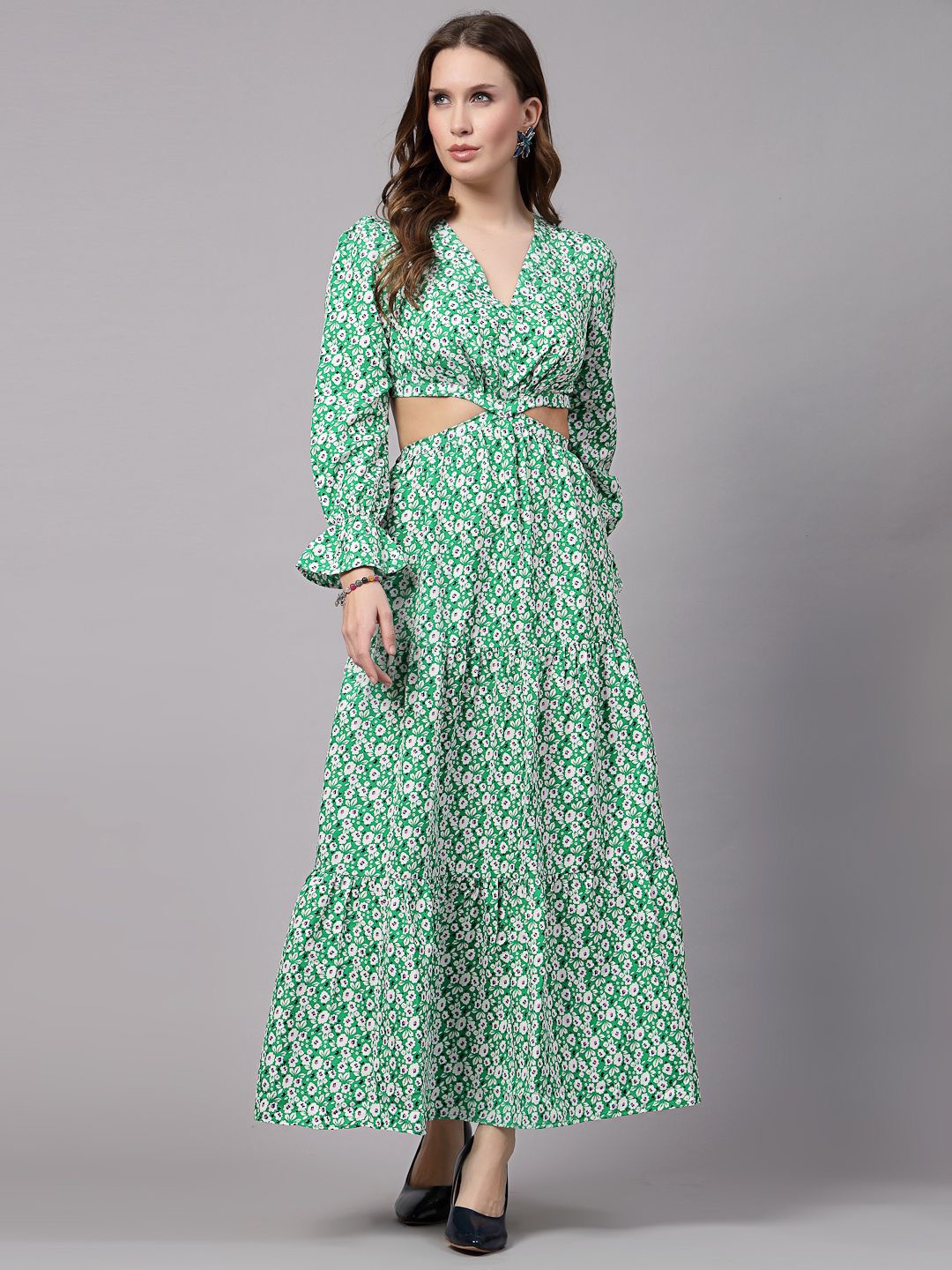 

aayu Floral Printed With Cut-Outs Detail Maxi Dress, Green