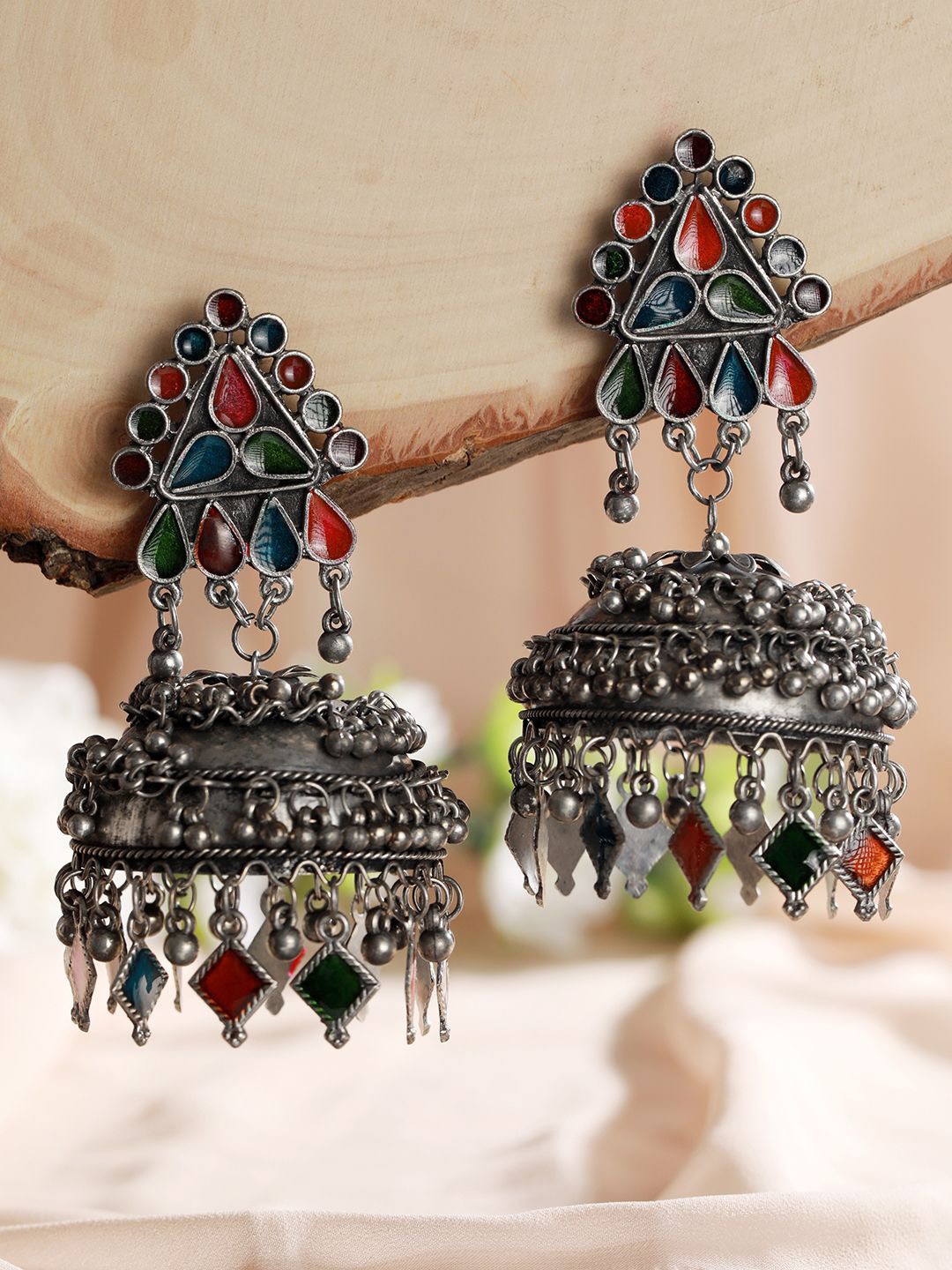 

Jazz and Sizzle Silver Plated Dome Shaped Artificial Beaded Meenakari Jhumkas