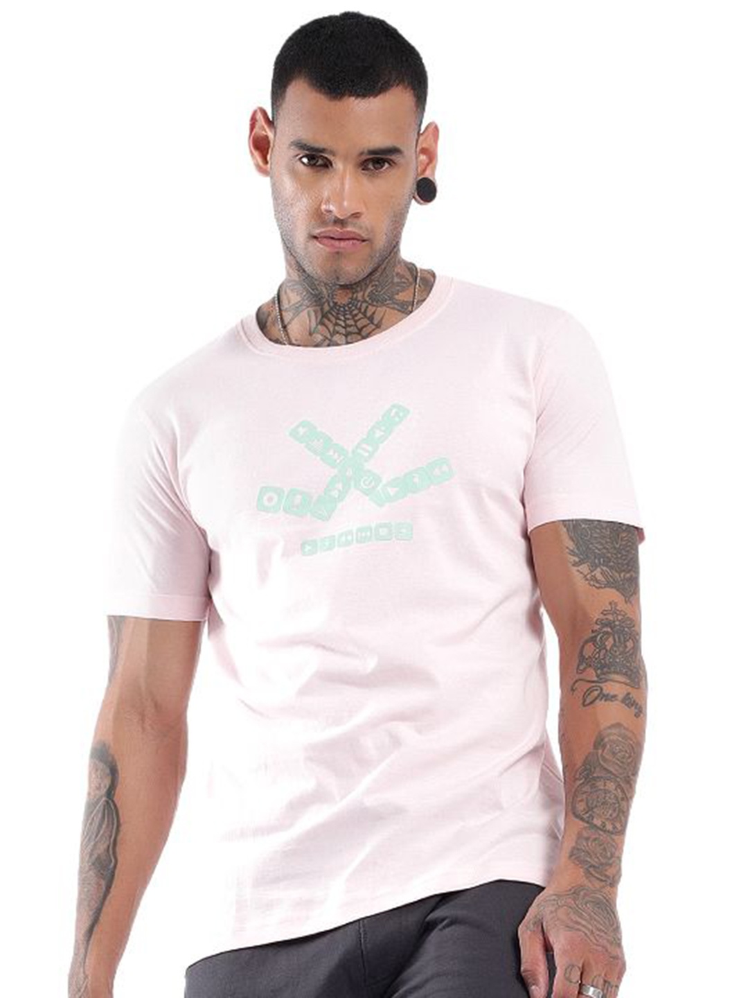 

WROGN Men Graphic Printed Round Neck Cotton Slim Fit T-Shirt, Pink