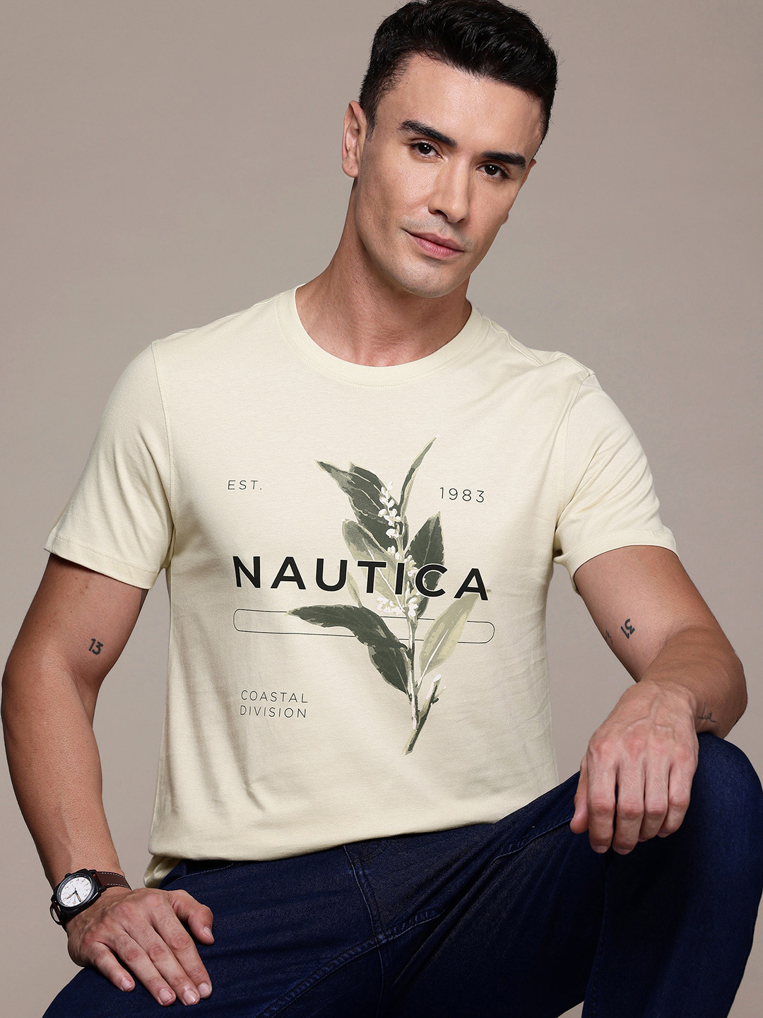 

Nautica Brand Logo Printed Pure Cotton T-shirt, Beige