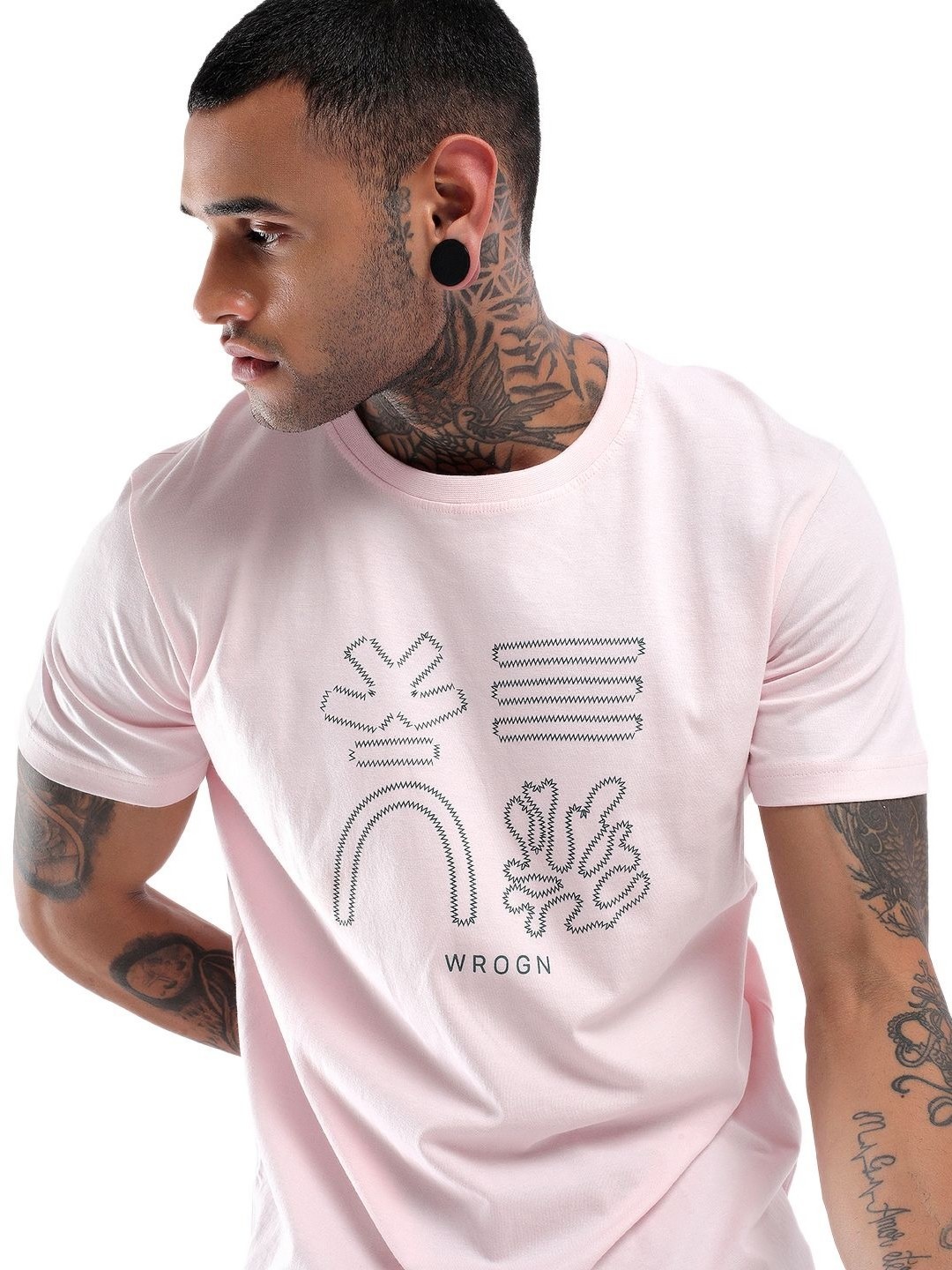 

WROGN Men Graphic Printed Round Neck Cotton Slim Fit T-Shirt, Pink