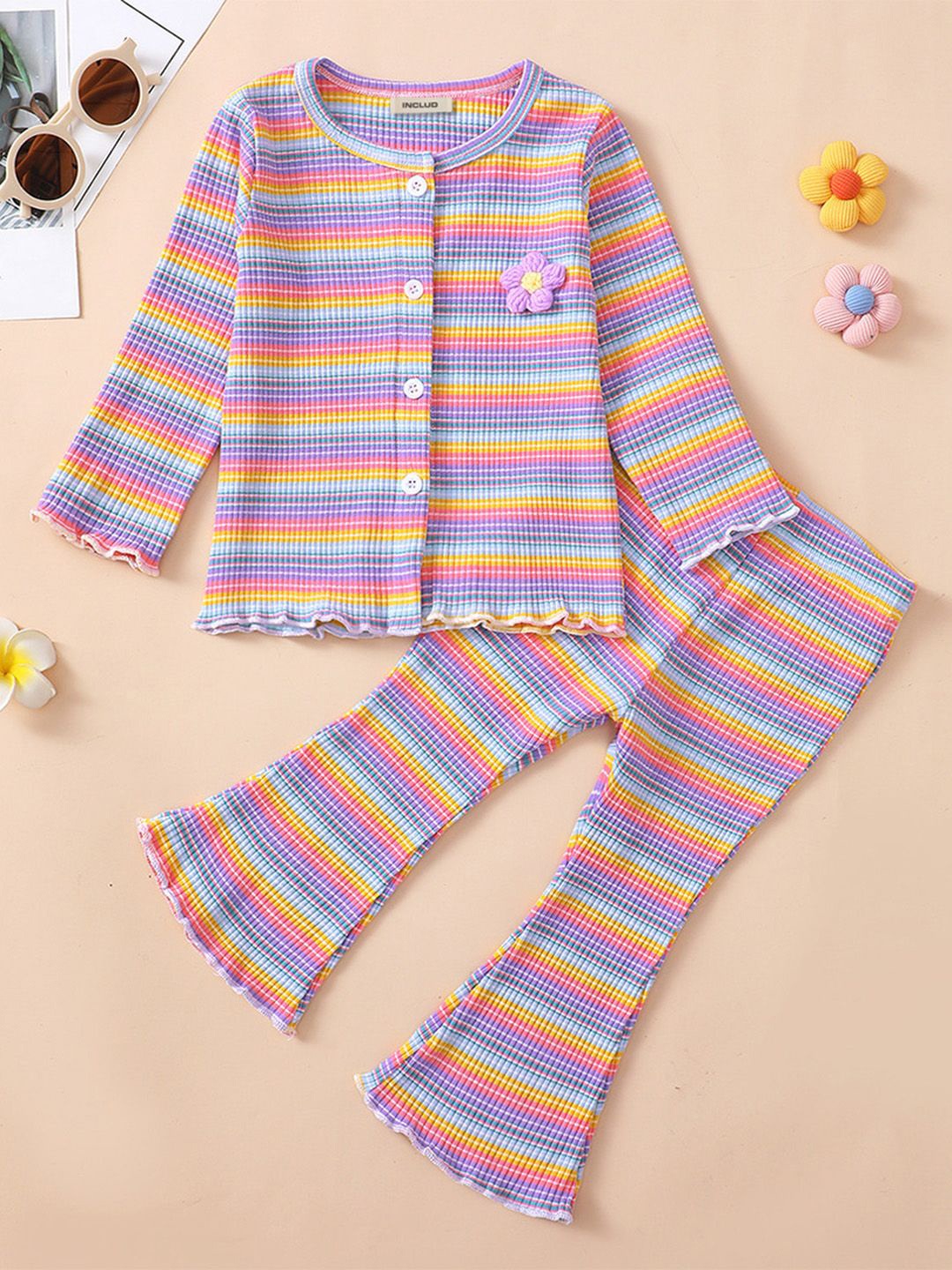 

INCLUD Girls Striped Long Sleeves Round Neck Shirt with Trousers, Purple