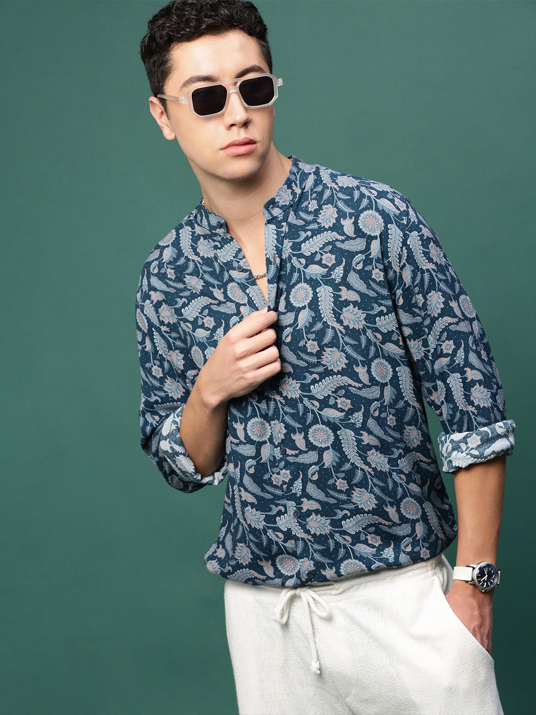 

SHOWOFF Men Standard Slim Fit Opaque Printed Casual Shirt, Teal