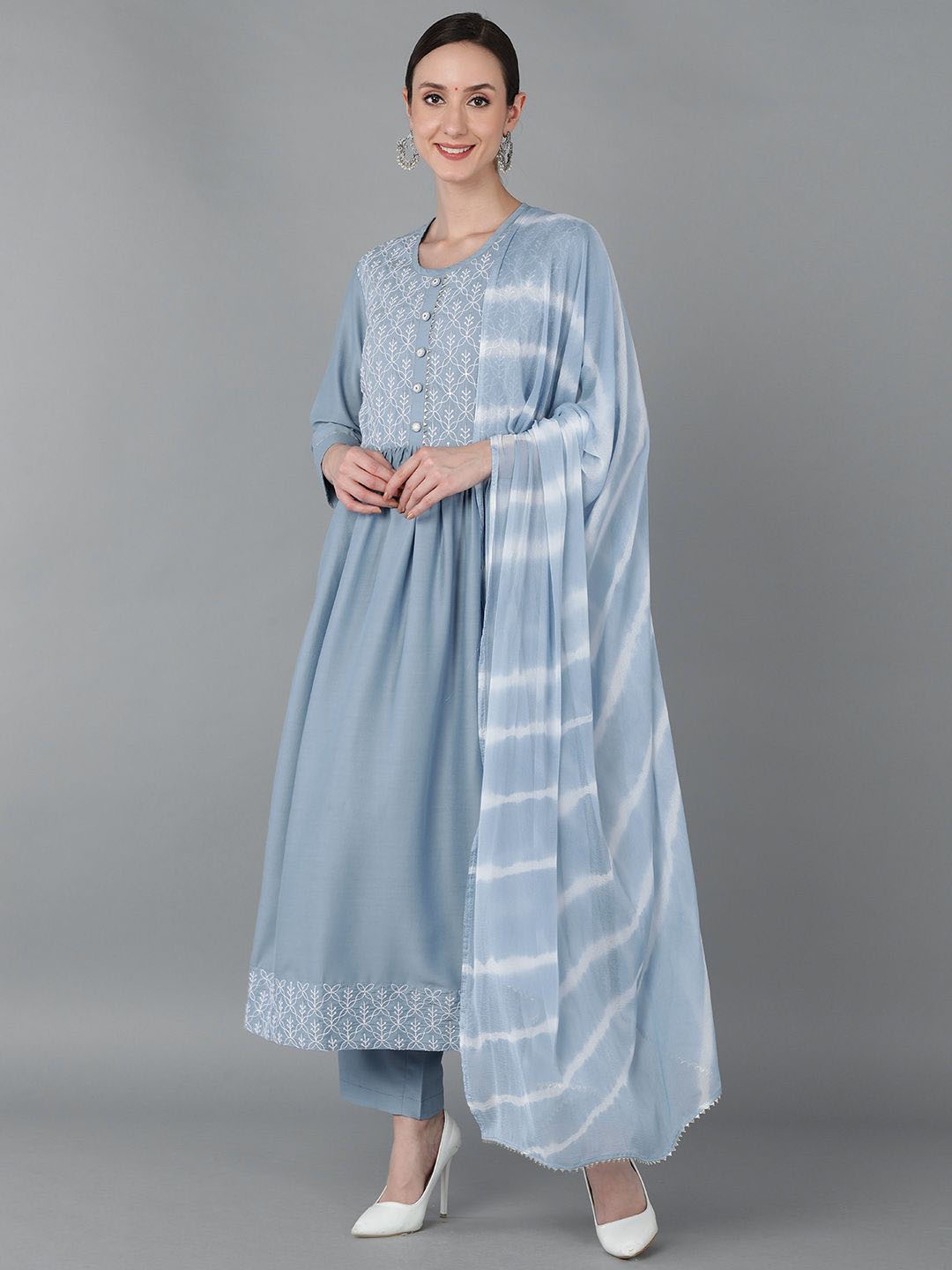 

KALINI Floral Yoke Design Empire Sequinned Kurta with Trousers & Dupatta, Blue