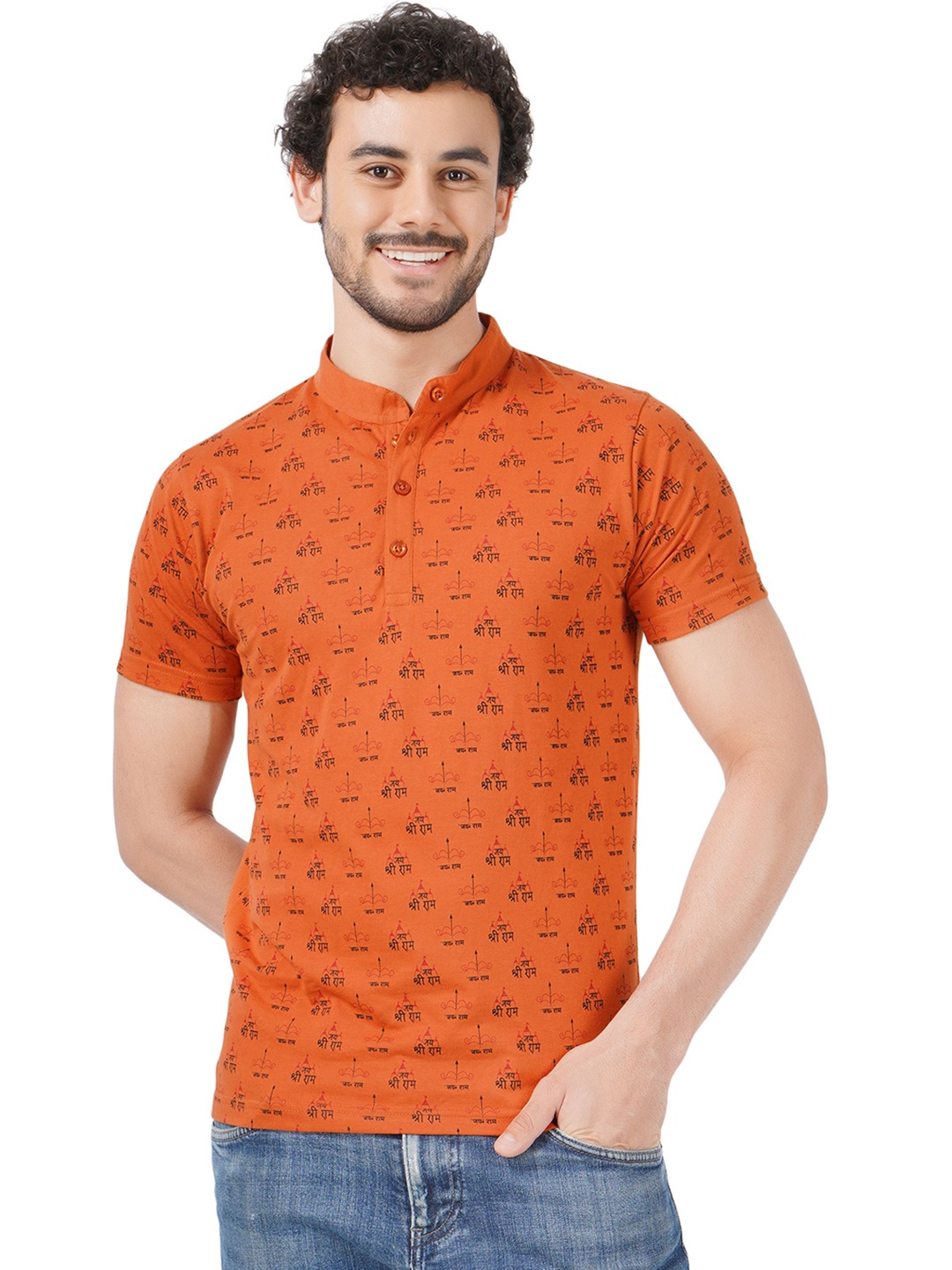 

BLUEFICUS Men Dri-FIT Conversational Printed Mandarin Collar Cotton T-Shirt, Rust