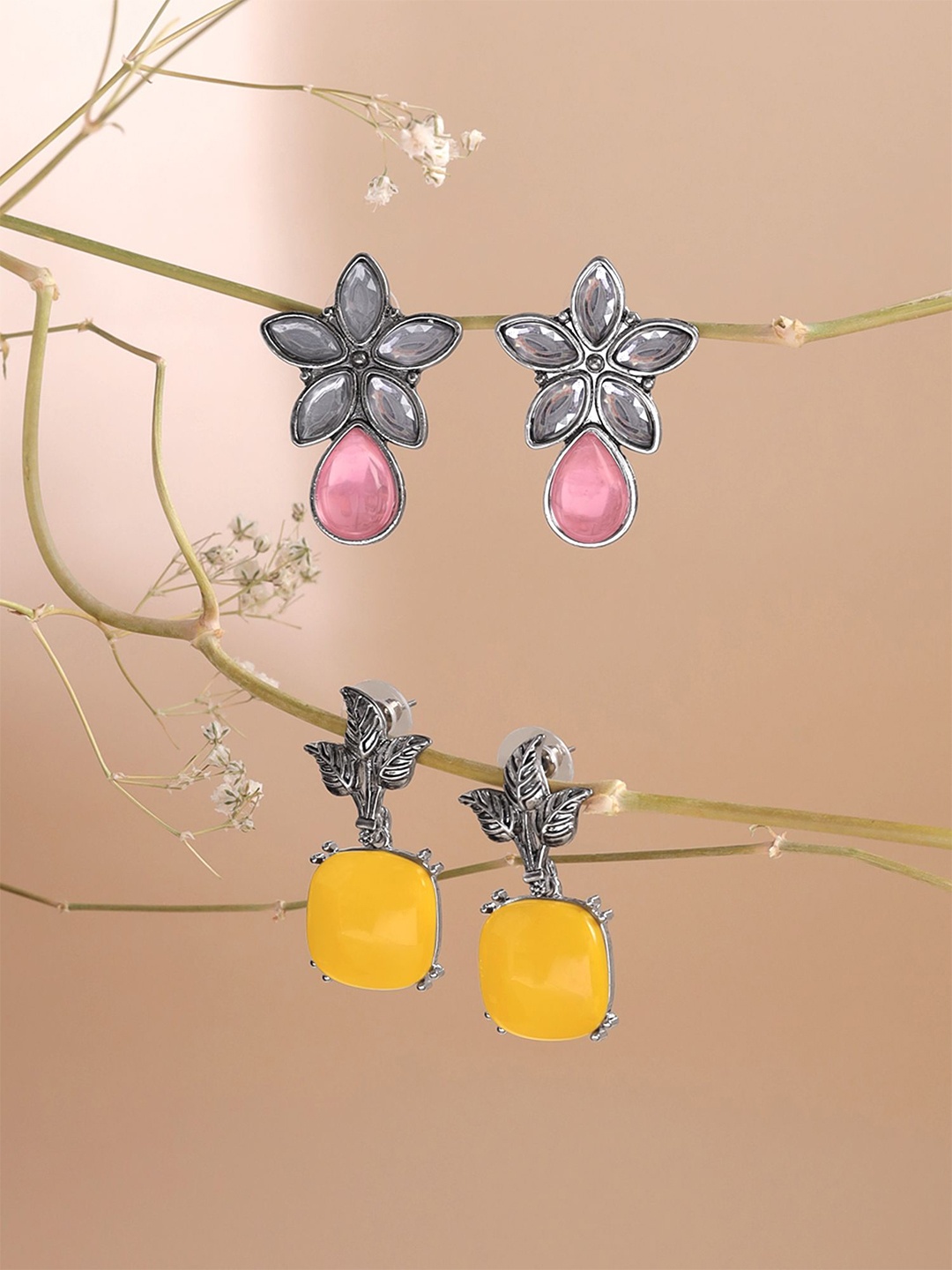 

Yellow Chimes Set of 2 Silver-Plated Stones Studded Oxidised Floral Drop Earrings