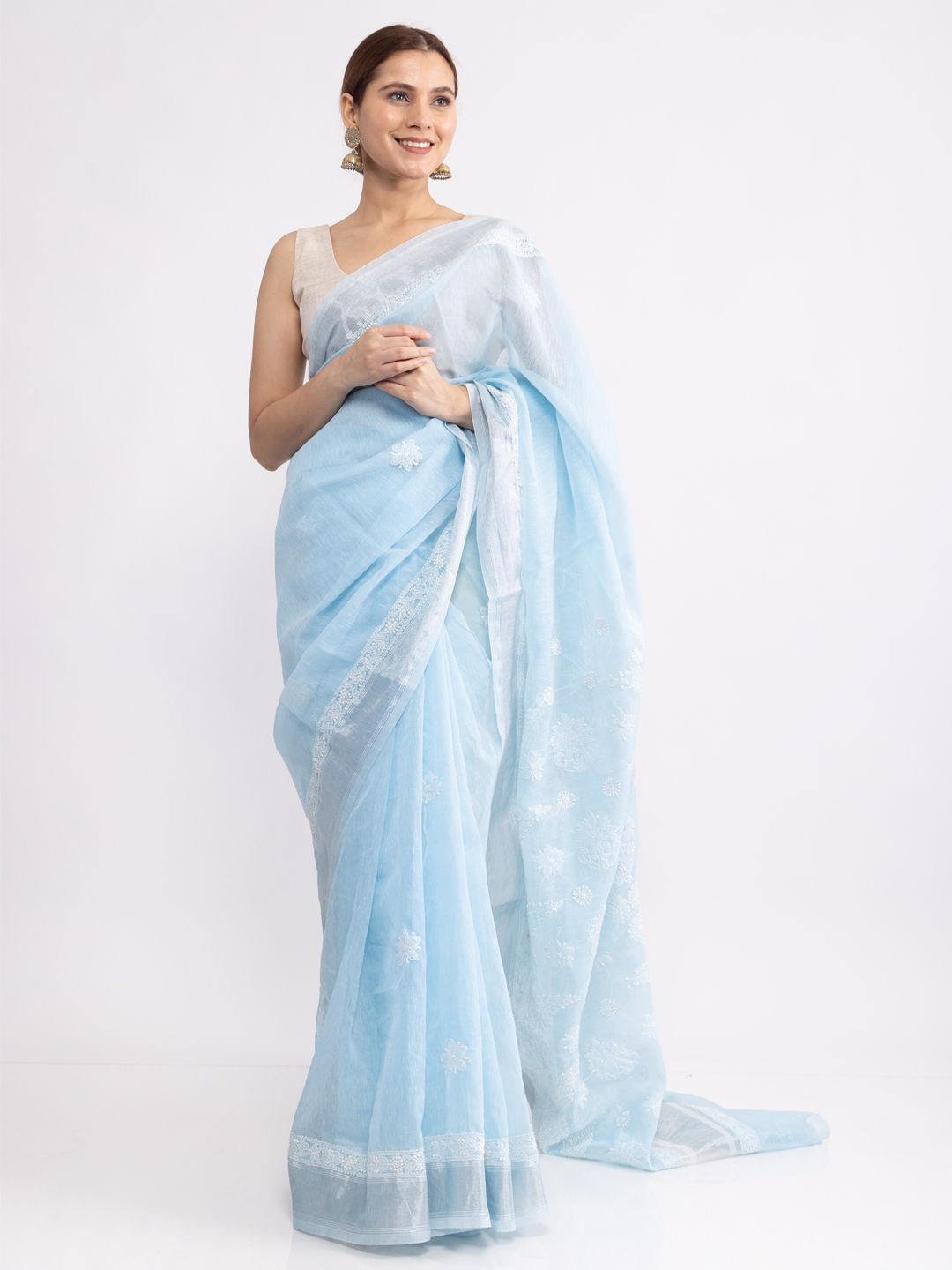 

Hastya Kala Ethnic Motifs Linen Blend !Pastel Hues! colored Chikankari Chanderi Saree, Blue