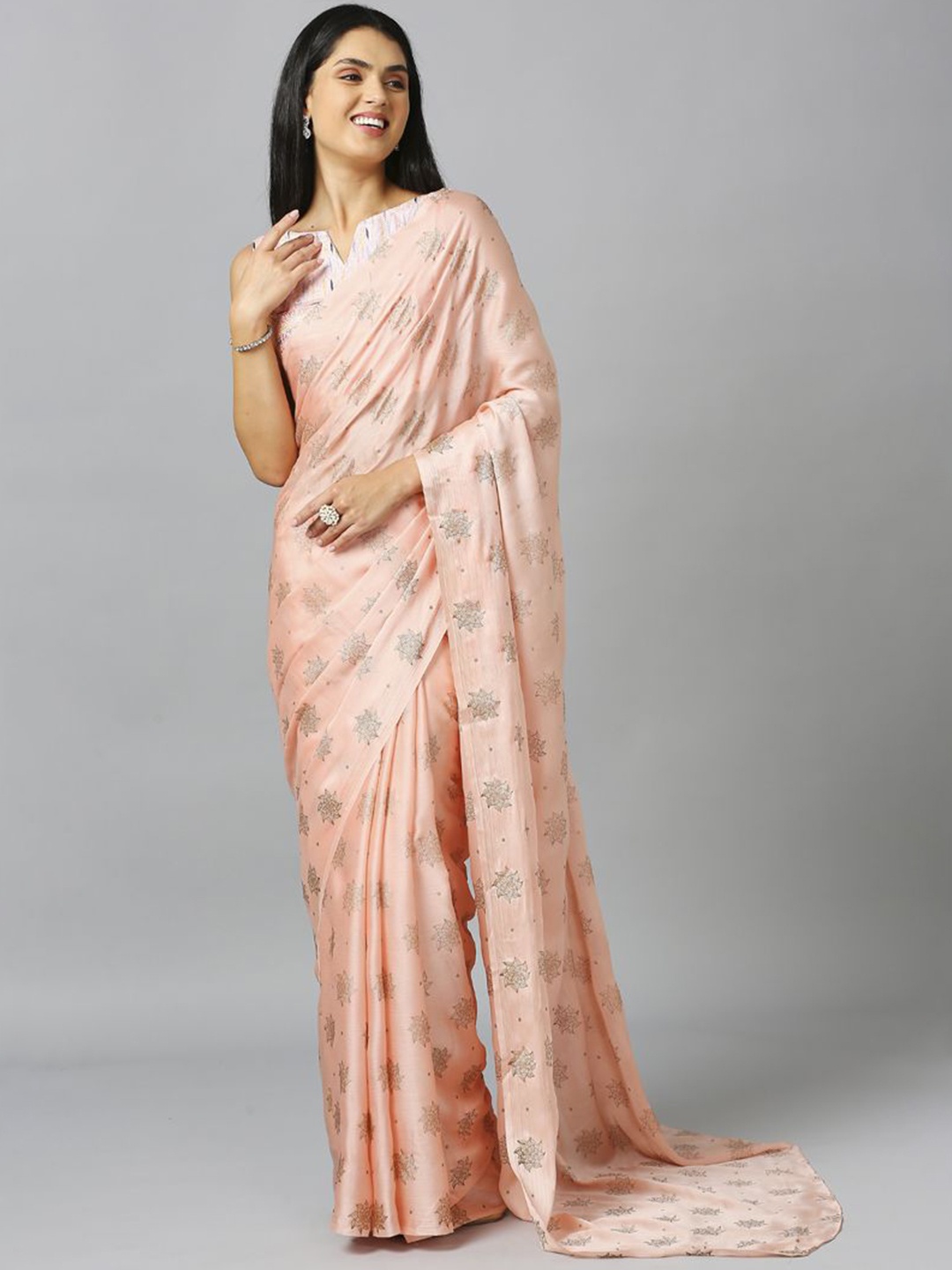 

ASISA Pure Chiffon Ethnic Motifs designer Saree, Peach