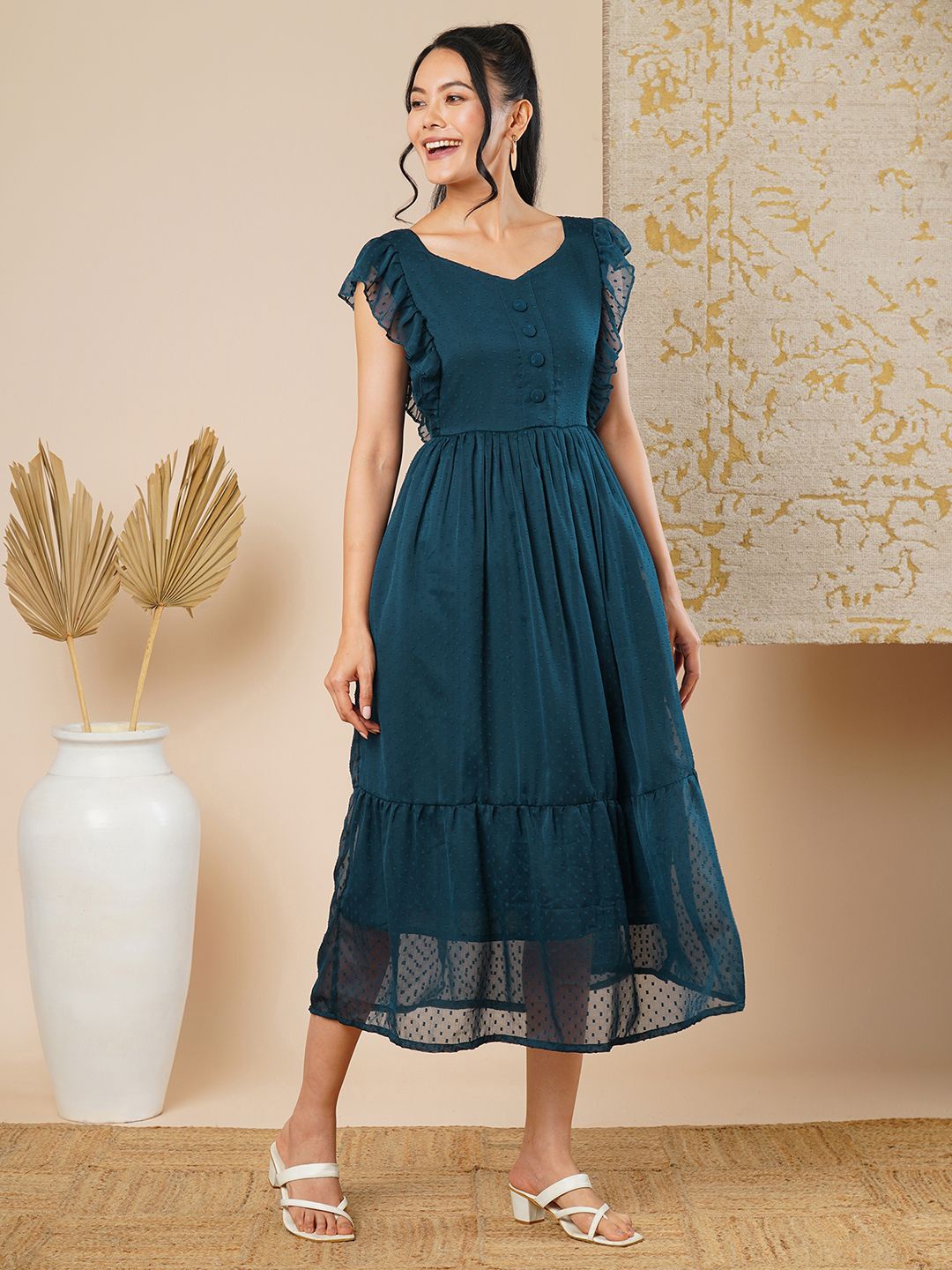 

CARTYSHOP Flutter Sleeve Dobby Woven Fit & Flare Midi Dress, Teal