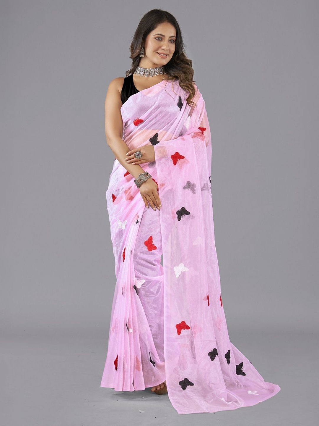 

APNISHA Ethnic Motifs Embroidered Net Saree, Pink