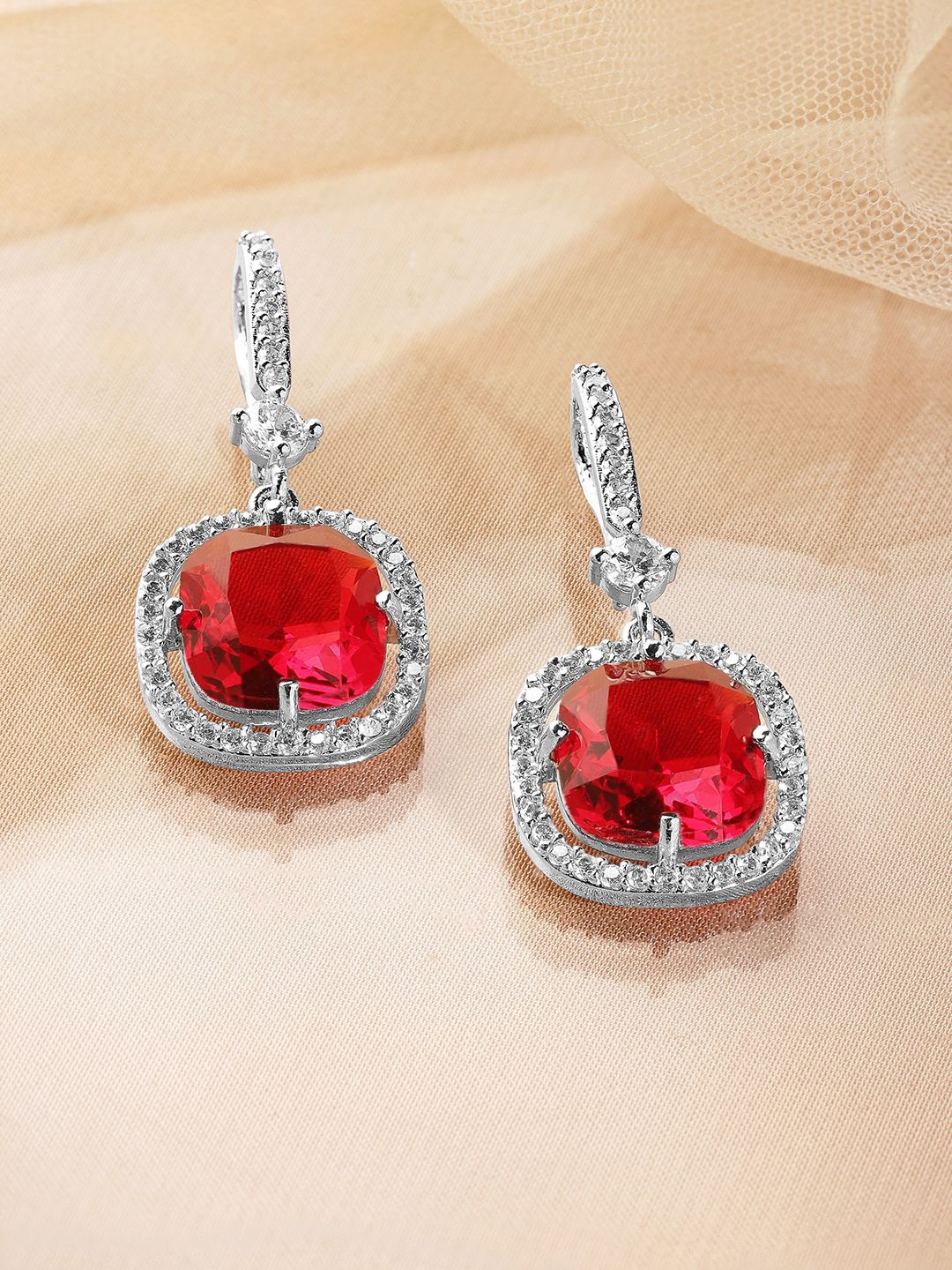 

Rubans Rhodium Plated Ruby & Cubic Zirconia Studded Premium Drop Earrings, Silver