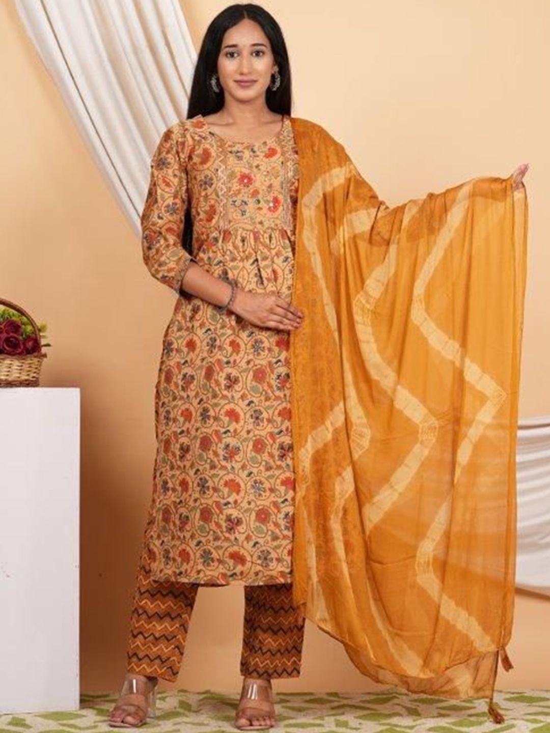 

ZOYOTO Floral Printed Regular Sequinned Kurta with Trousers & Dupatta, Beige
