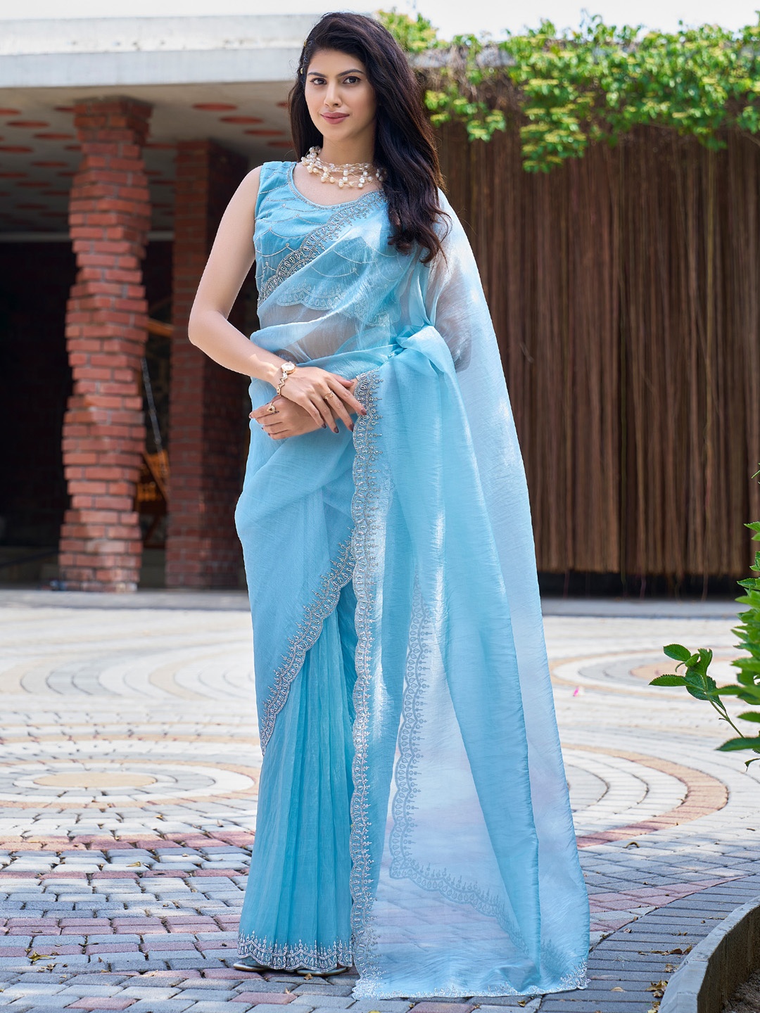 

Saree mall Embellished Beads and Stones Organza Sarees, Blue