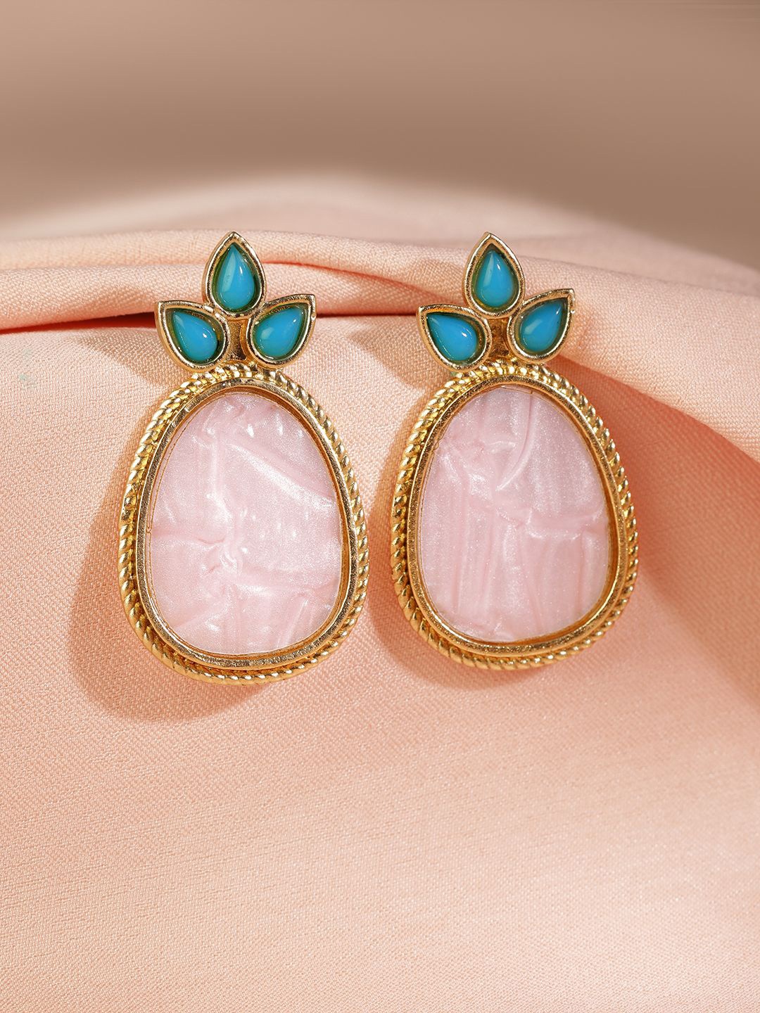 

Rubans 18K Gold Plated Turquoise Blue & Pale Pink Stone Drop Earrings with Golden Outline