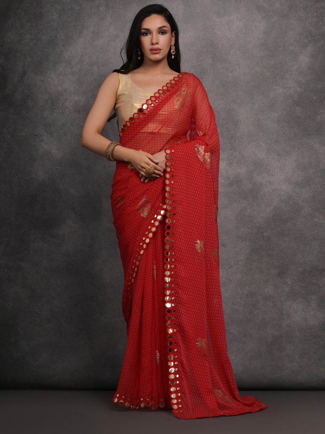 

Panzora Floral Printed Mirror Work Saree, Red