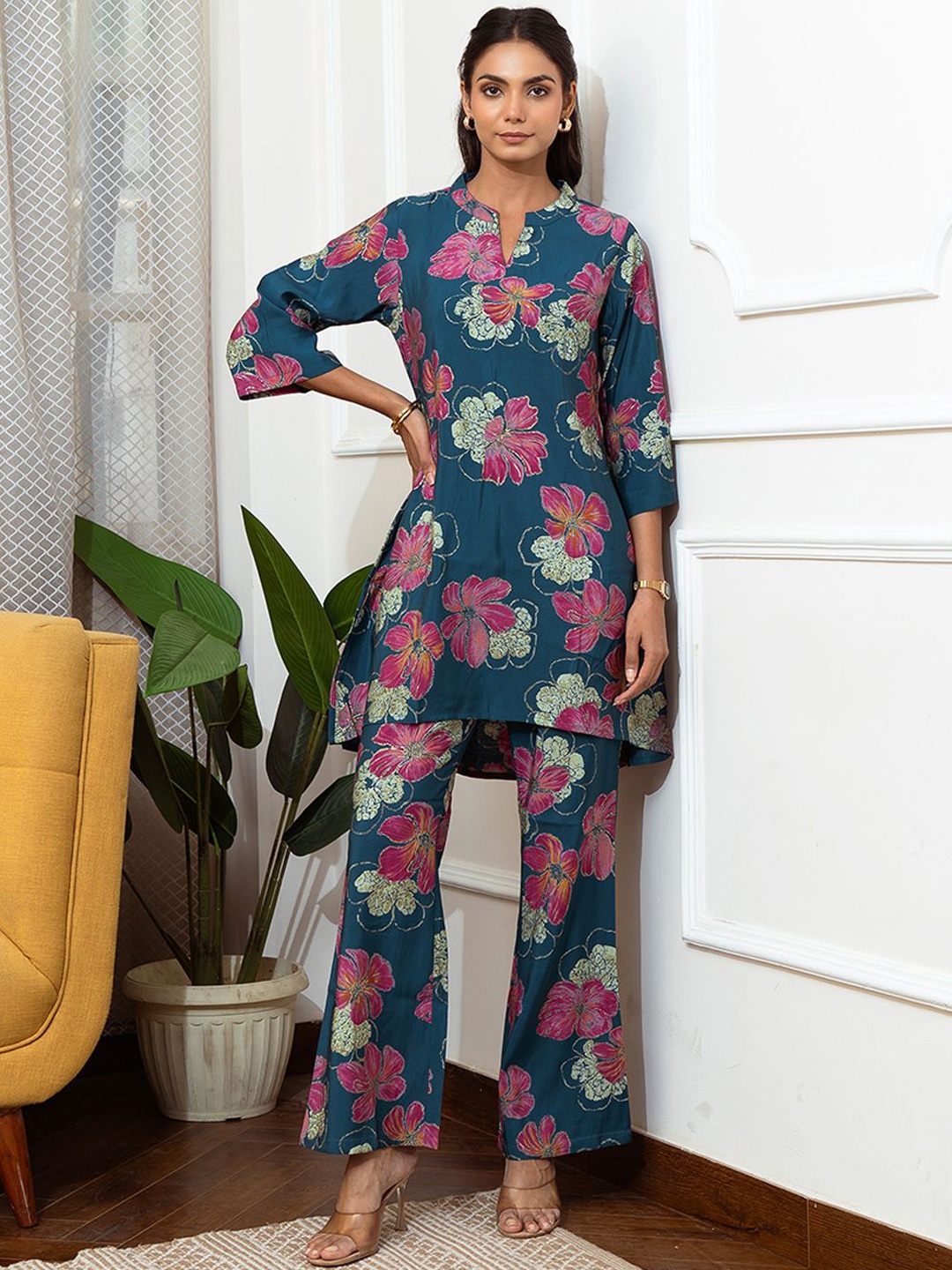

Claura Floral Printed Tunic With Trouser Co-Ords, Blue