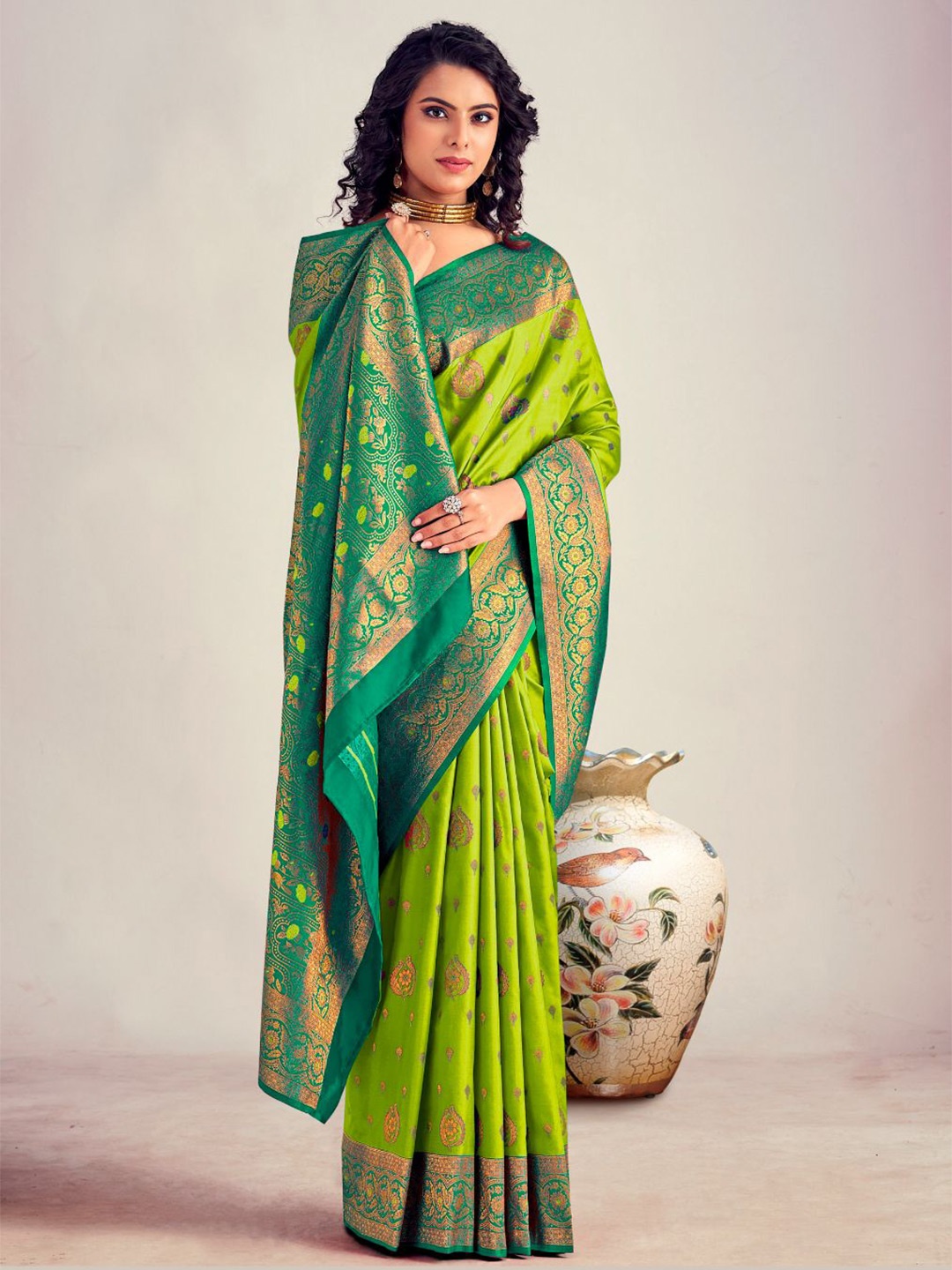 

NK Textiles Woven Design Zari Kanjeevaram Saree, Lime green