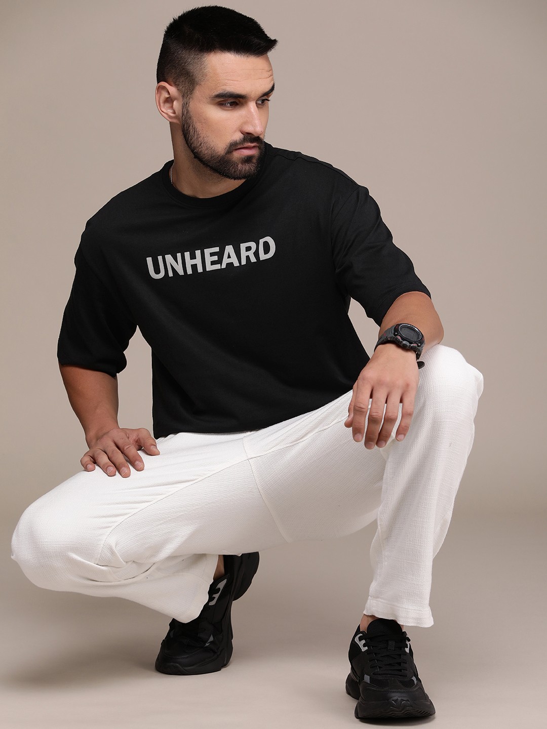 

The Roadster Life Co. Typography Printed Drop-Shoulder Sleeves Pure Cotton Relaxed T-shirt, Black
