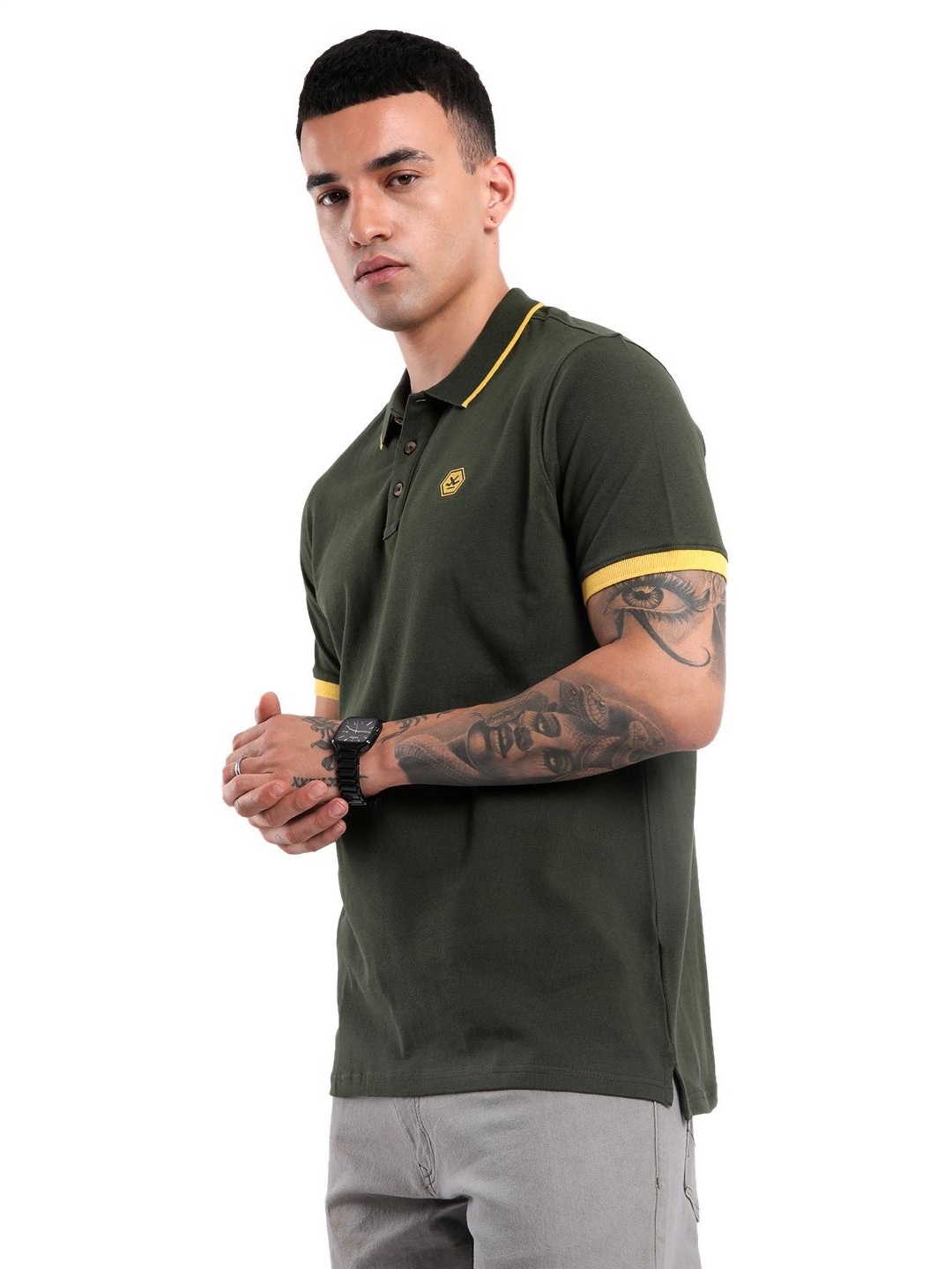 

WROGN Men Solid Polo Collar Cotton Slim Fit T-Shirt, Olive