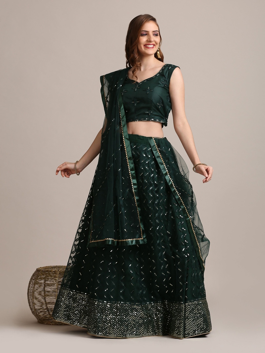 

Warthy Ent Embroidered Sequinned Semi-Stitched Lehenga & Unstitched Blouse With Dupatta, Green