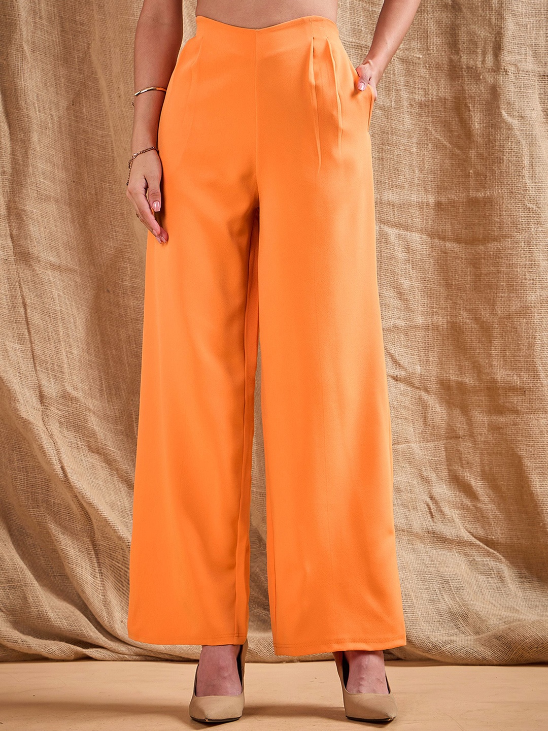

SASSAFRAS Women Relaxed Straight Leg Straight Fit High-Rise Trousers, Orange