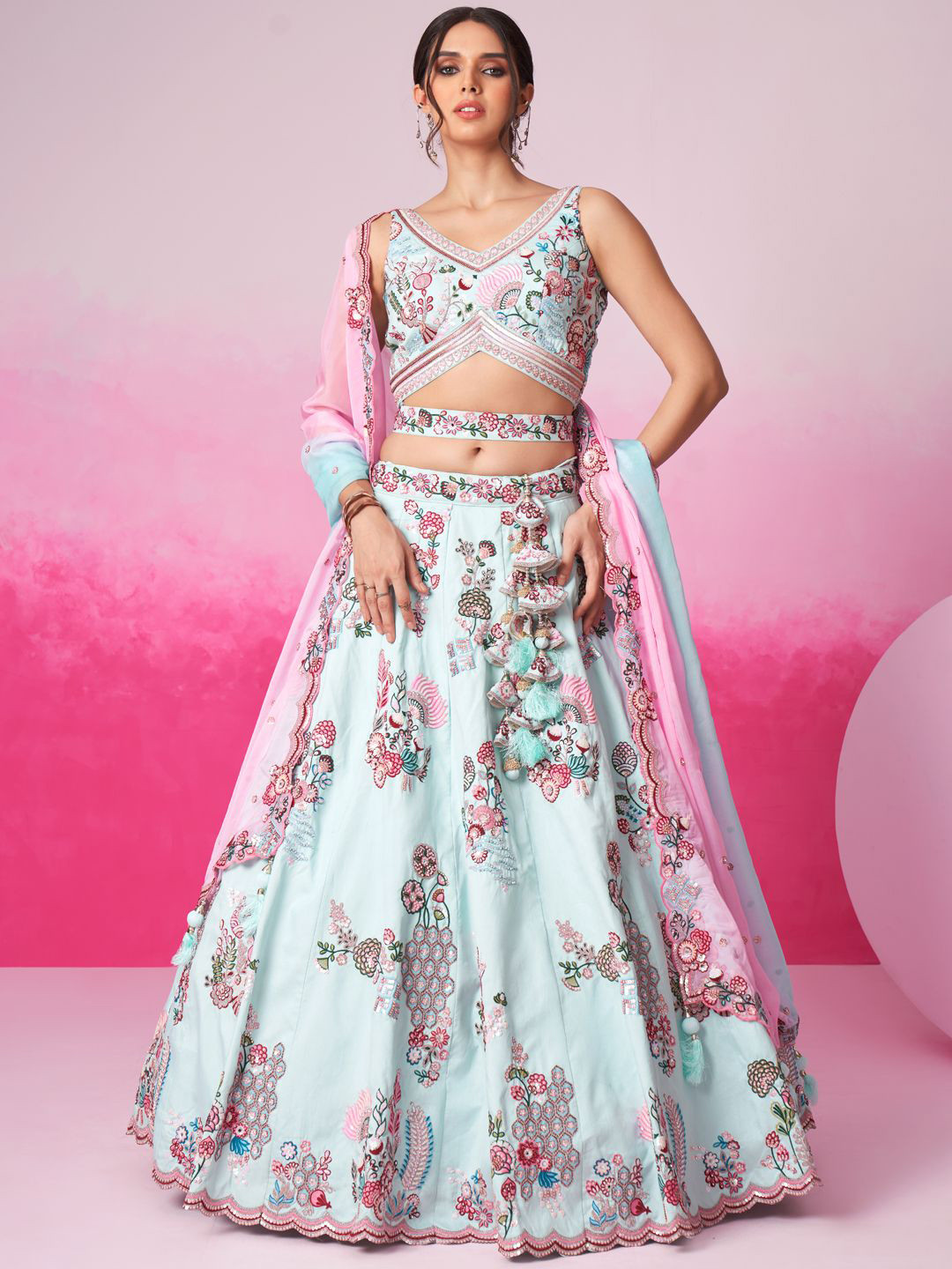 

panchhi Embroidered Sequinned Silk Semi-Stitched Lehenga & Unstitched Blouse With Dupatta, Turquoise blue