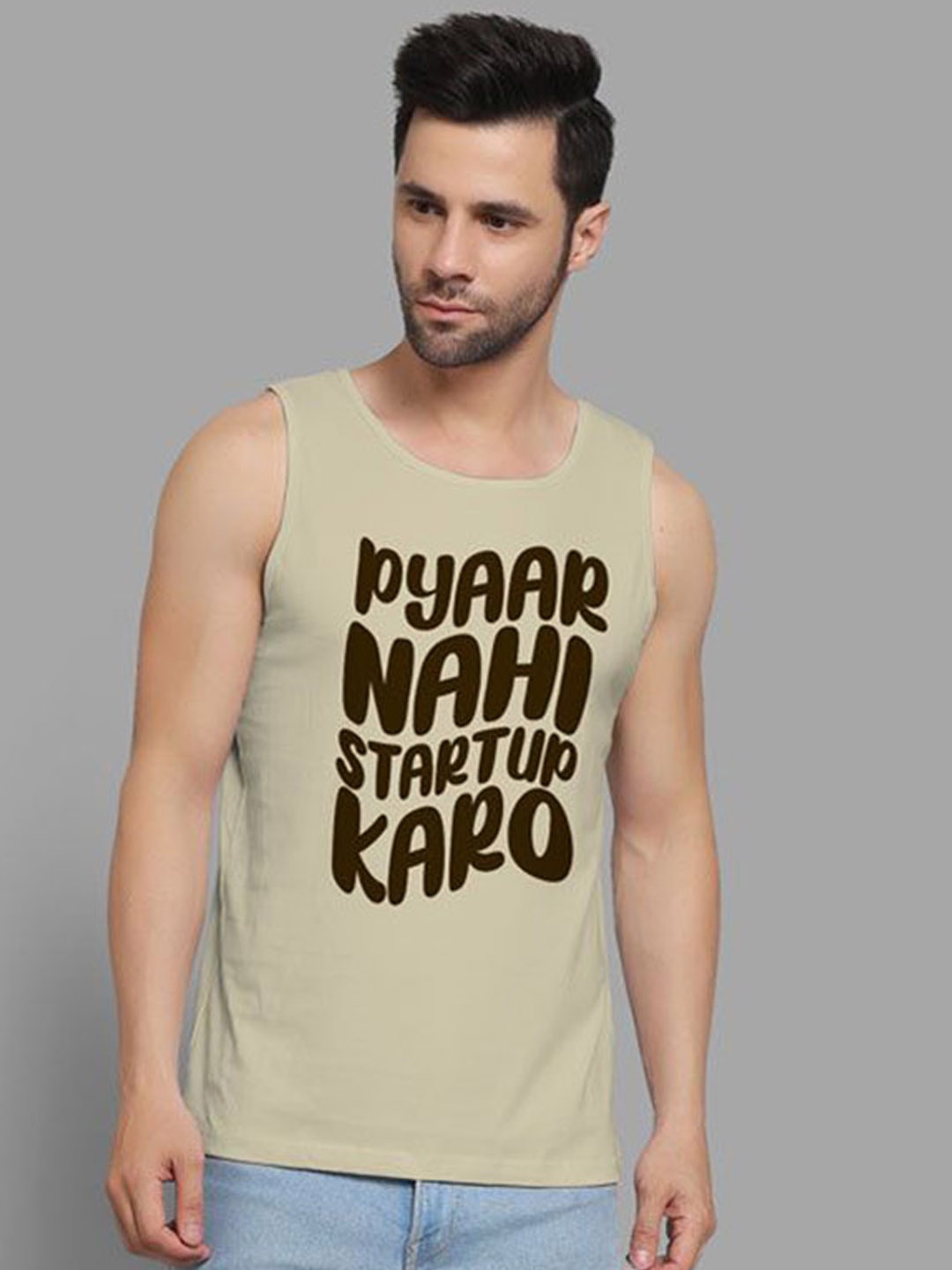 

DAB SHARK Men Printed Innerwear Gym Vests, Beige