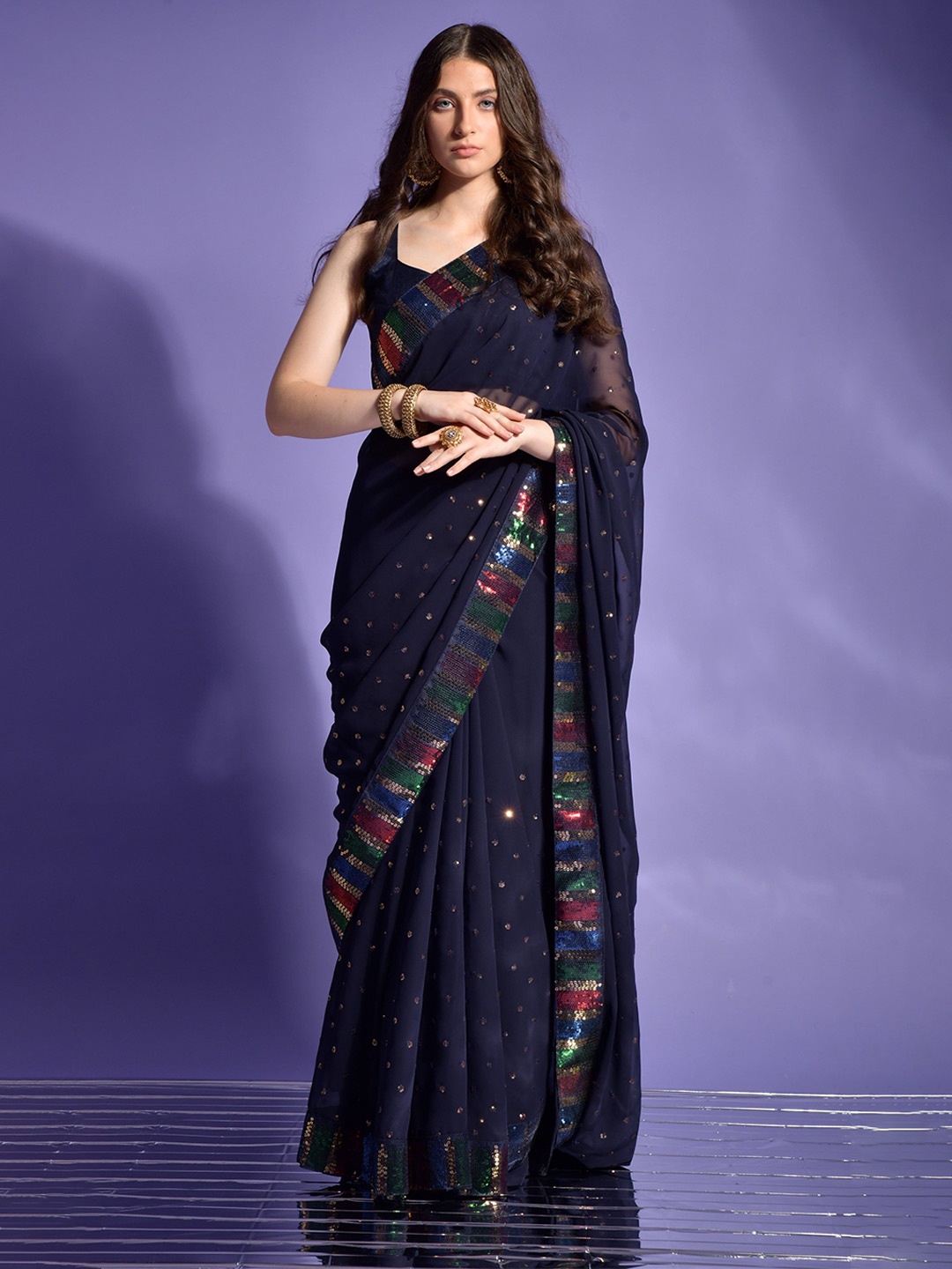 

Panzora Embellished Sequinned Saree, Navy blue