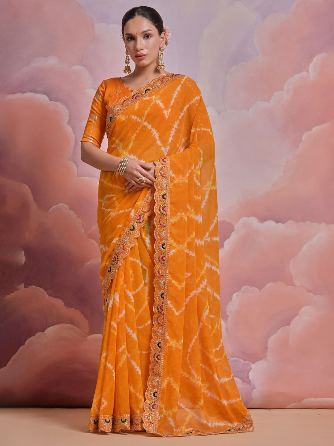 

Panzora Tie and Dye Sequinned Saree, Yellow