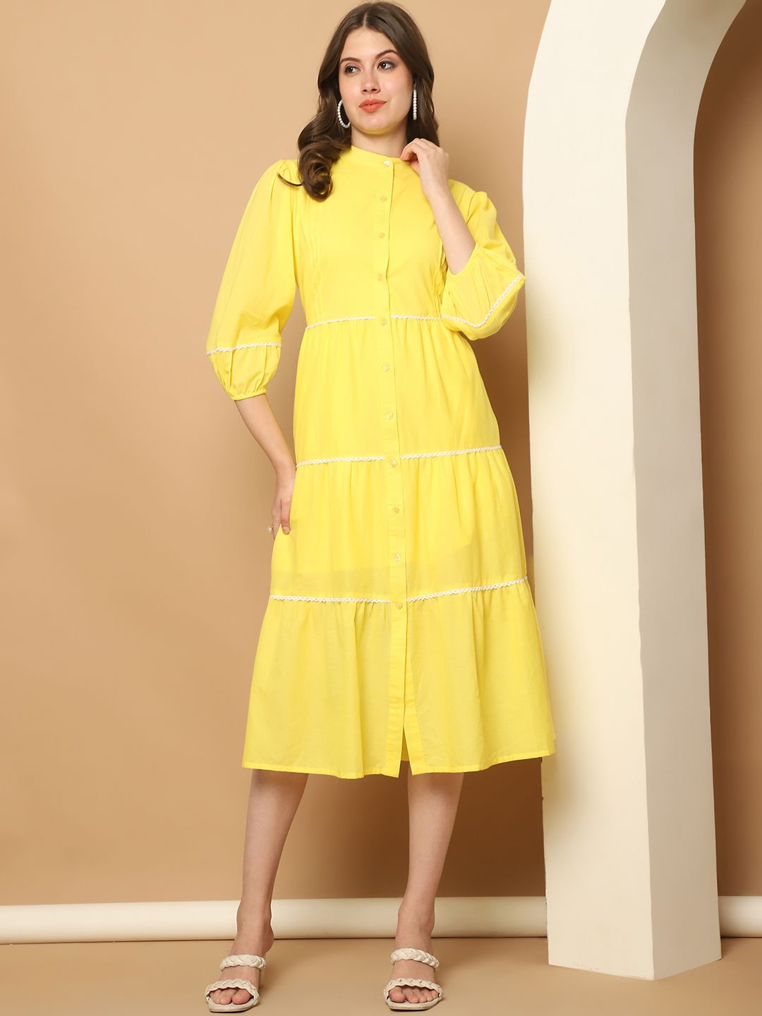 

Purple State Puff Sleeve Fit & Flare Midi Dress, Yellow
