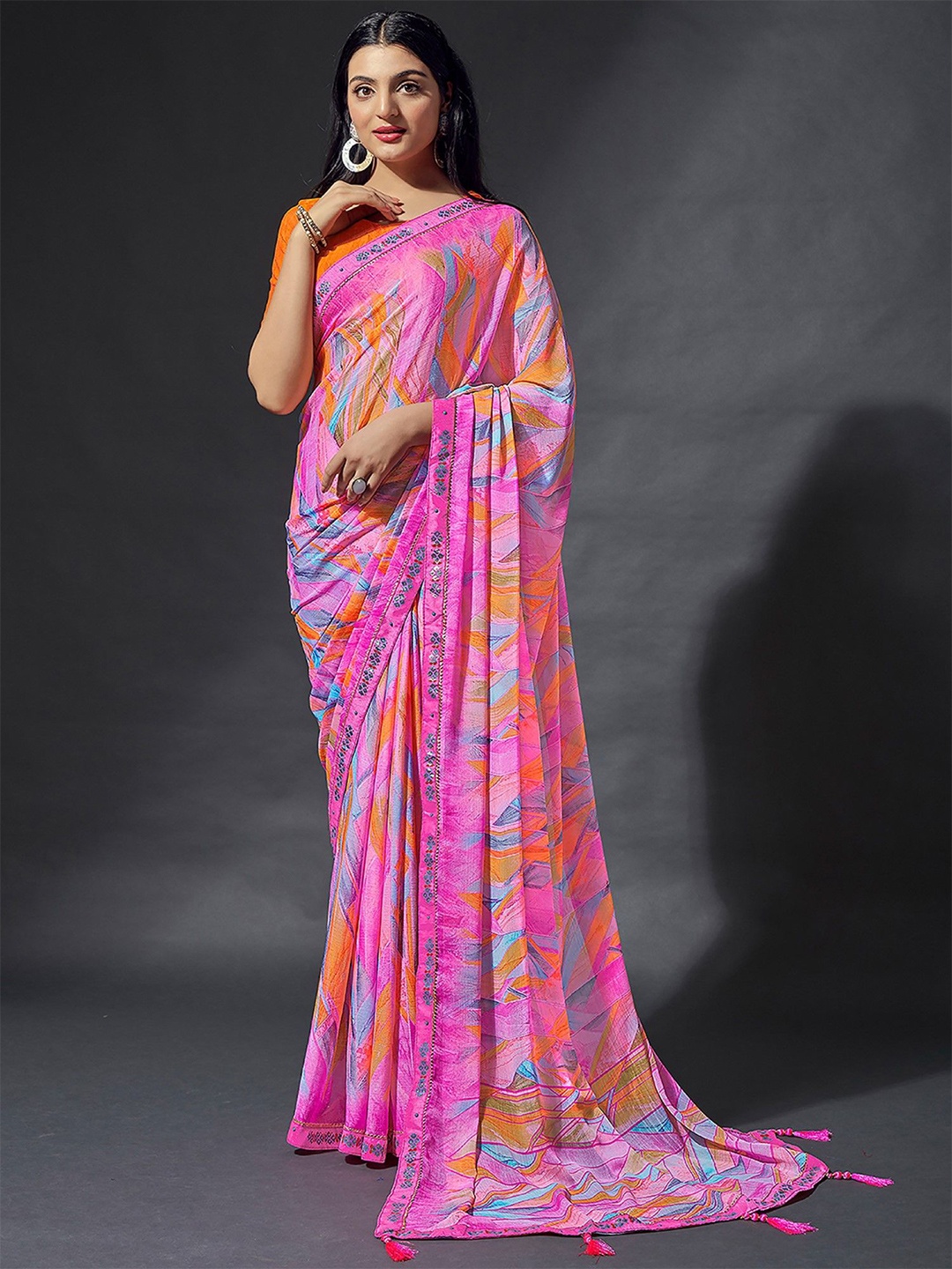 

Panzora Poly Chiffon Saree, Pink