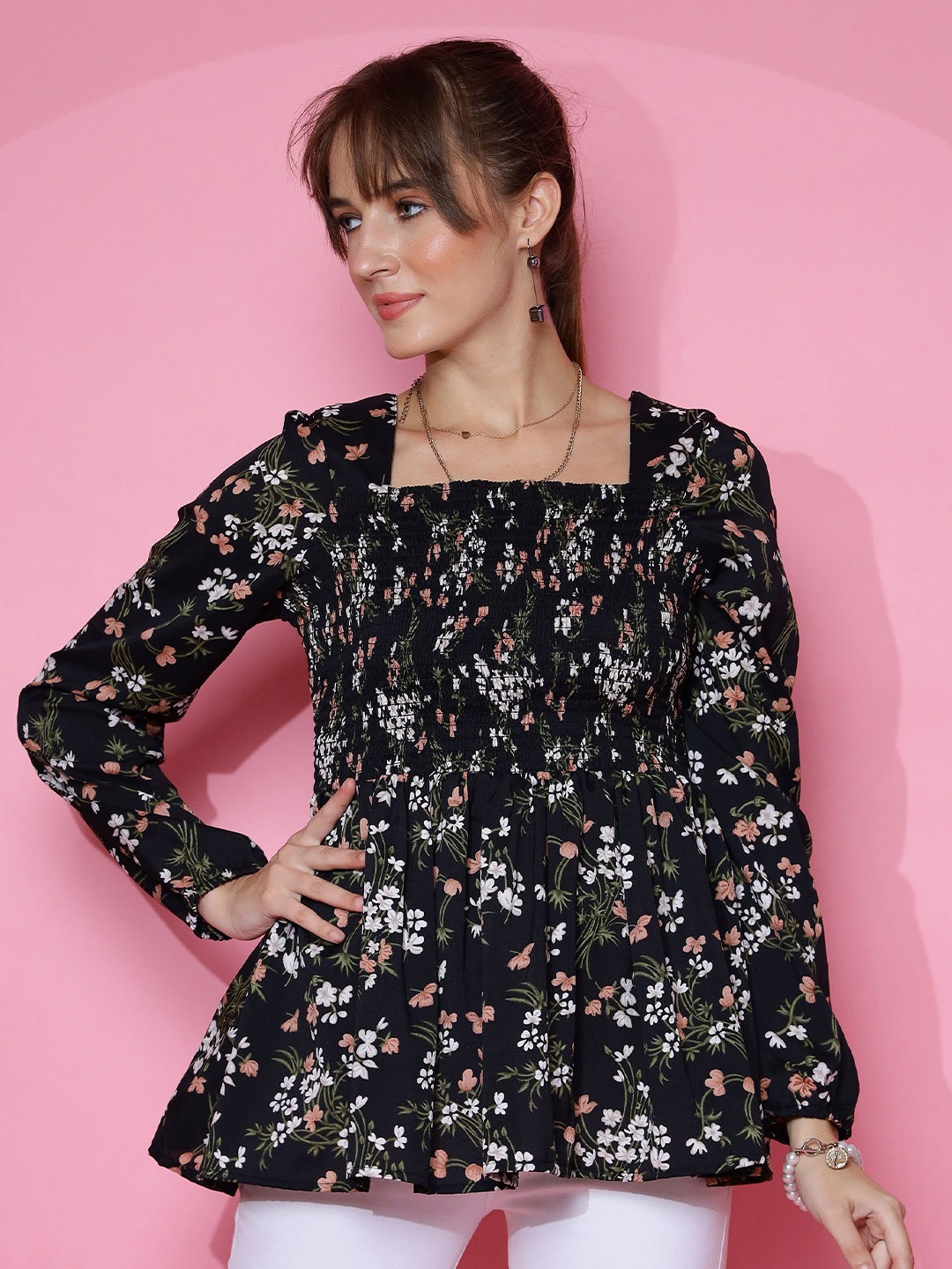 

SHEETAL Associates Floral Print Crepe Top, Black