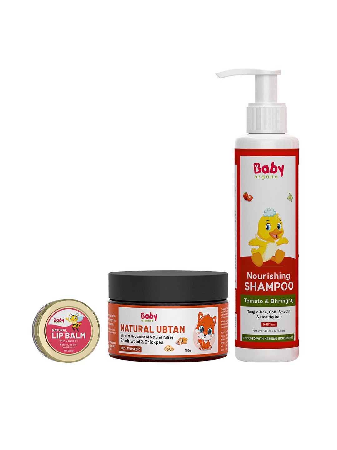 

BABYORGANO Ubtan Powder 100g, Baby Shampoo 200ml & Lip Balm Strawberry 8g, Orange