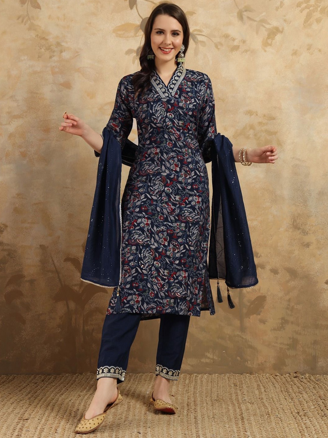 

Growdamy Floral Printed Sequinned Chanderi Silk Kurta With Trousers & Dupatta, Blue