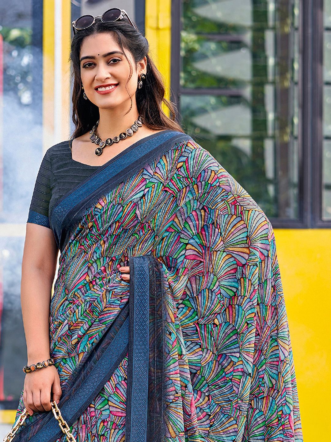 

Satrani Floral Pure Georgette Muga Saree, Teal