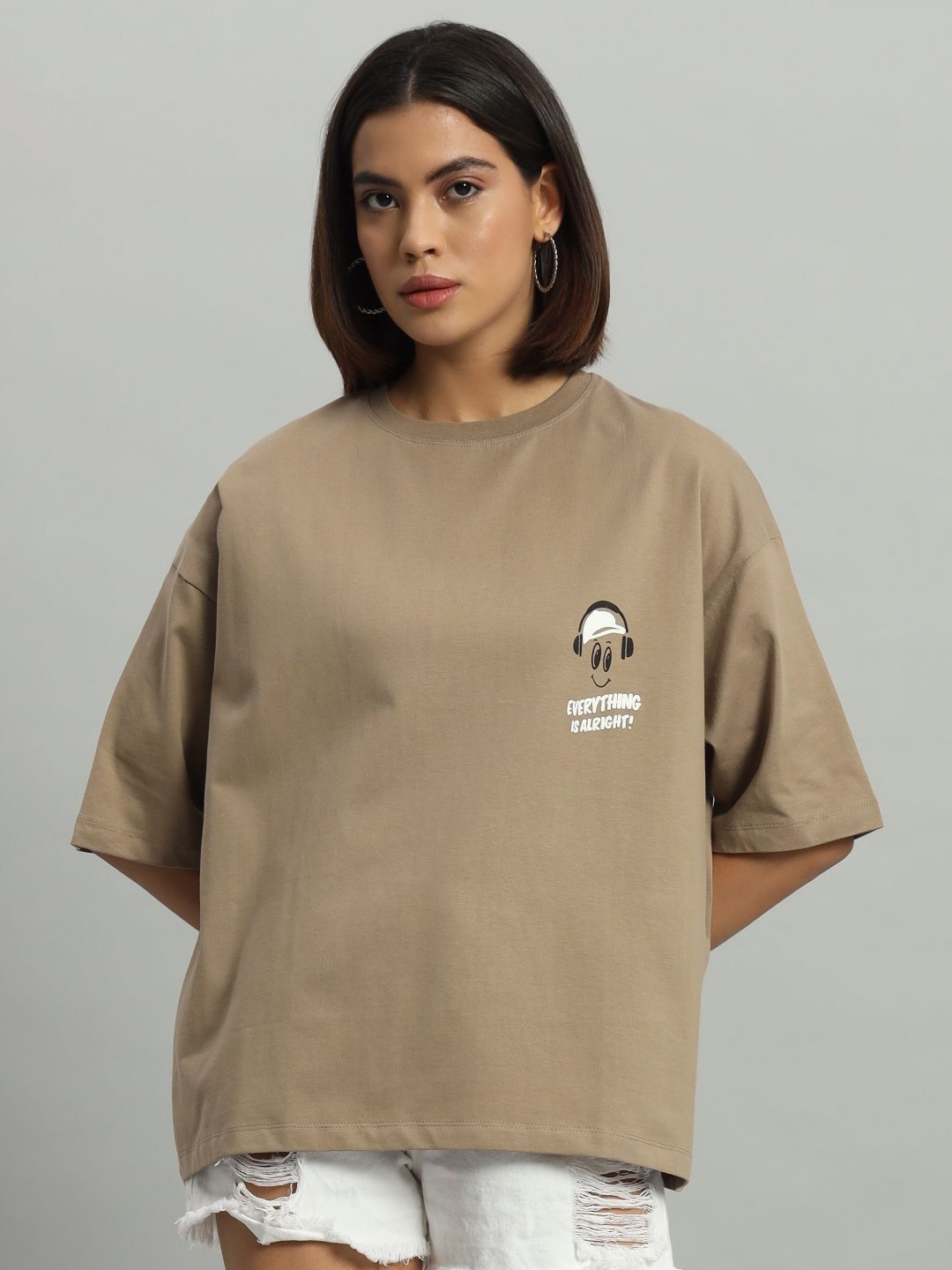 

AECK Women Typography Printed Round Neck Cotton Oversized T-Shirt, Tan