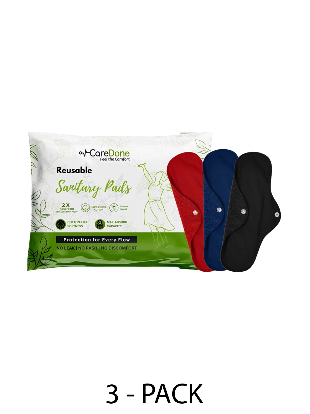 

CareDone Set Of 3 Reusable 100% Organic Cotton Sanitary Cloth Pads - XL, Red