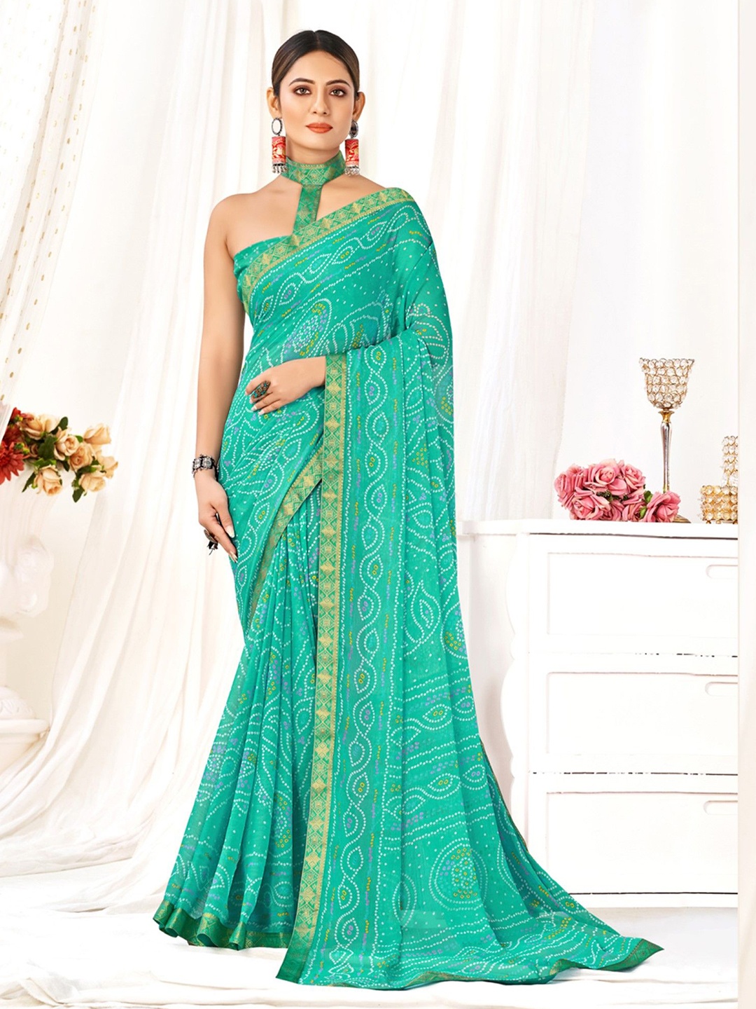 

Panzora Bandhani Zari Saree, Turquoise blue