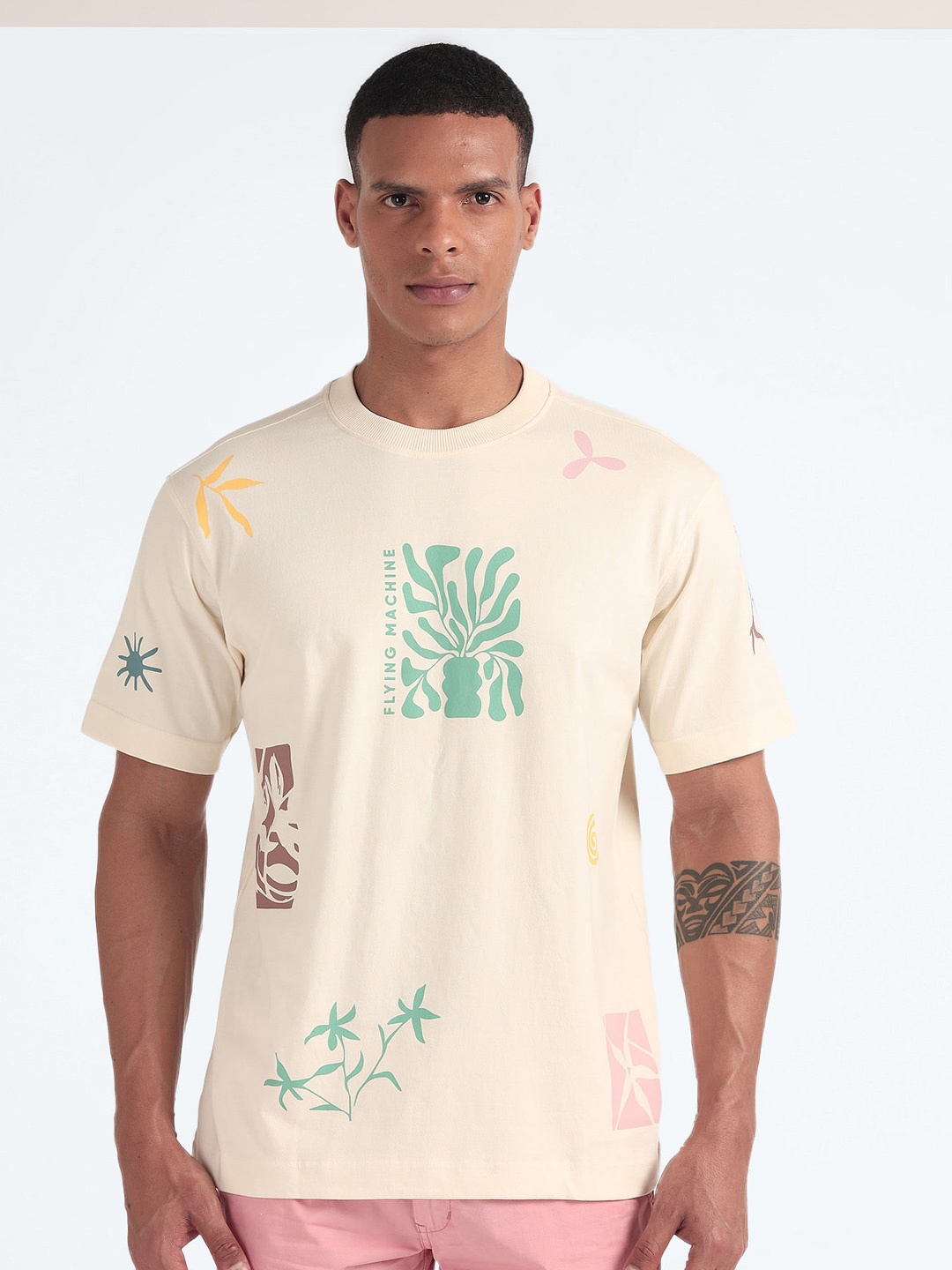 

Flying Machine Abstract Printed Pure Cotton T-shirt, Off white