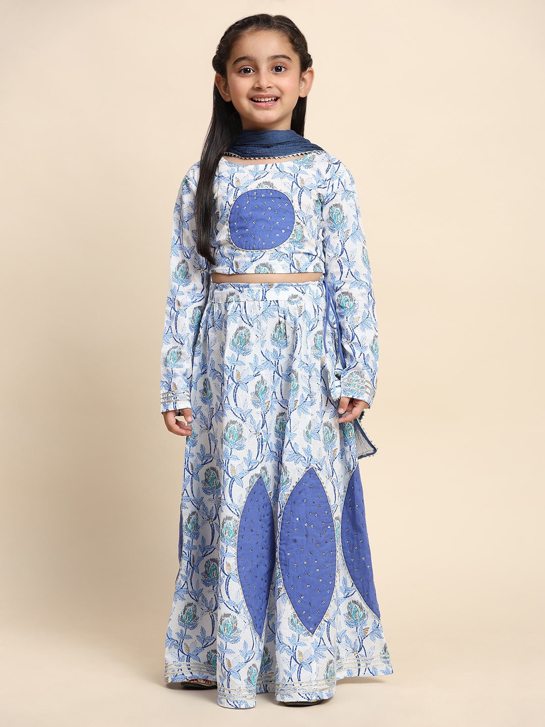 

Maaesa Girls Printed Sequinned Ready to Wear Lehenga & Blouse With Dupatta, Blue