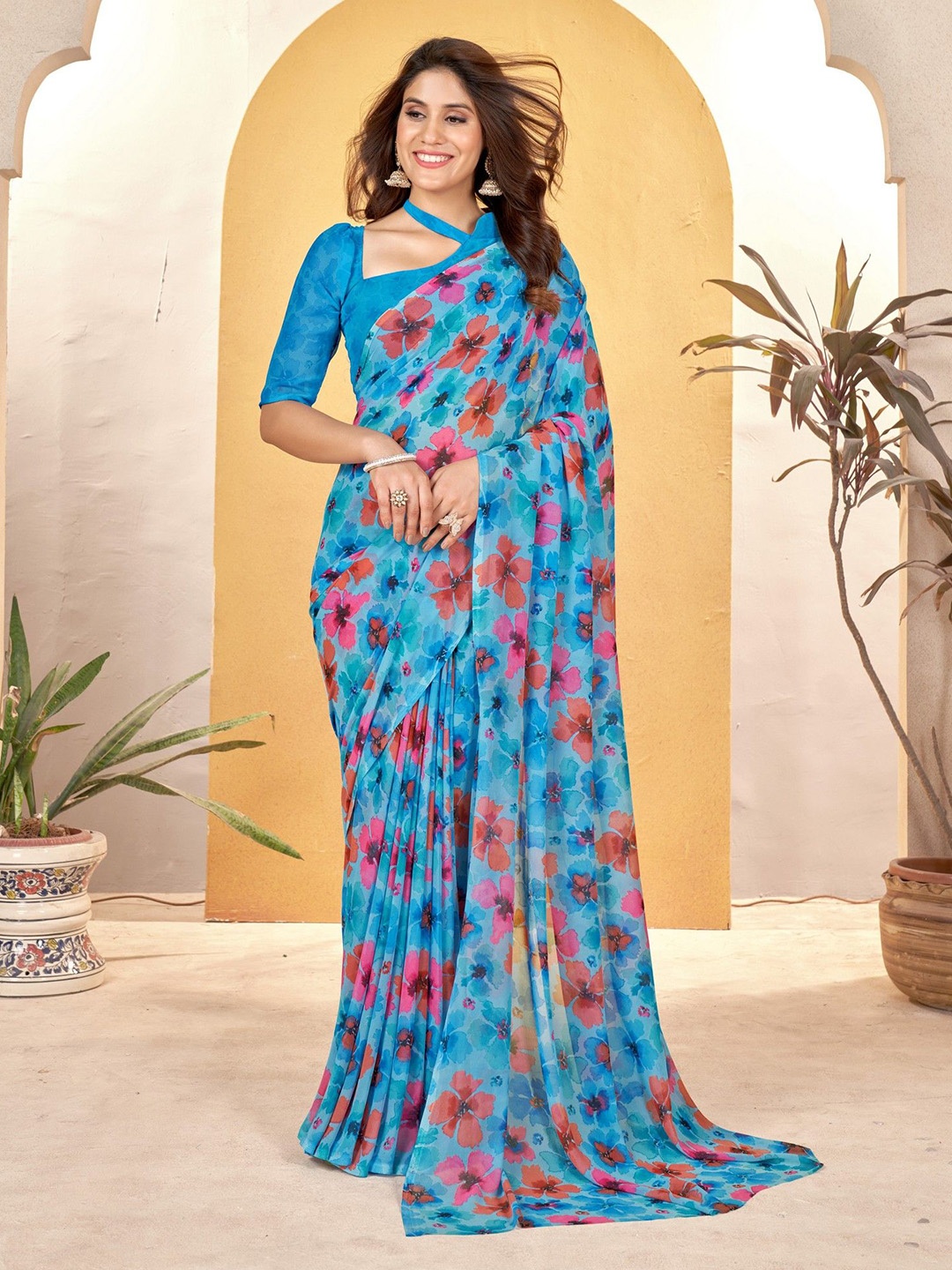 

VARNI FABRICS Floral Pure Georgette Saree, Blue