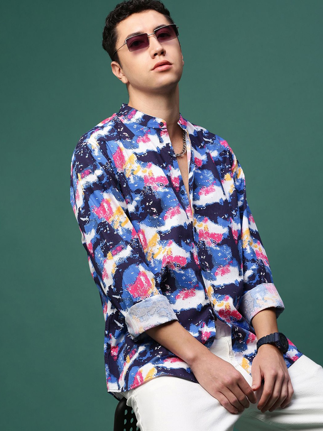 

SHOWOFF Men Standard Slim Fit Opaque Printed Casual Shirt, Blue