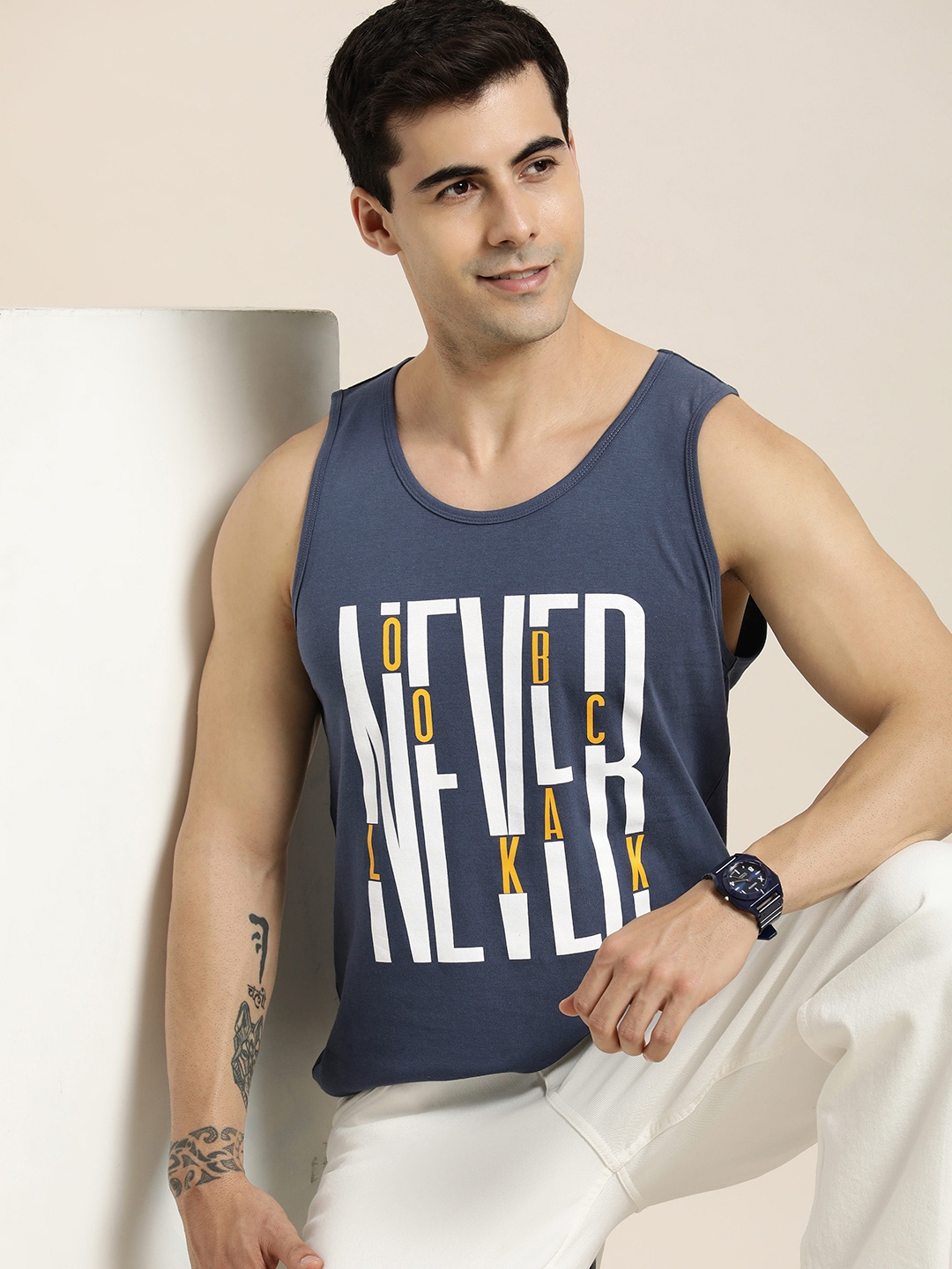 

HERE&NOW Pure Cotton Typography Printed Sleeveless T-shirt, Navy blue