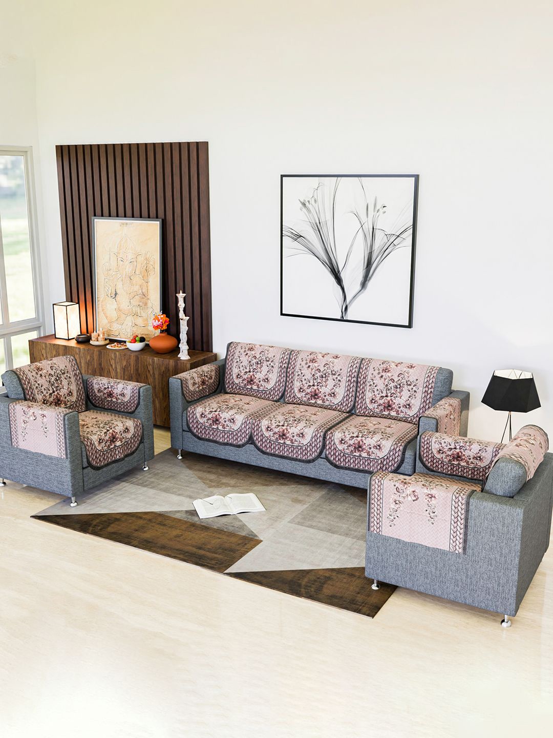 

Kuber Industries Peach-Coloured & Brown 16 Pieces Printed Cotton Sofa Cover With Arms