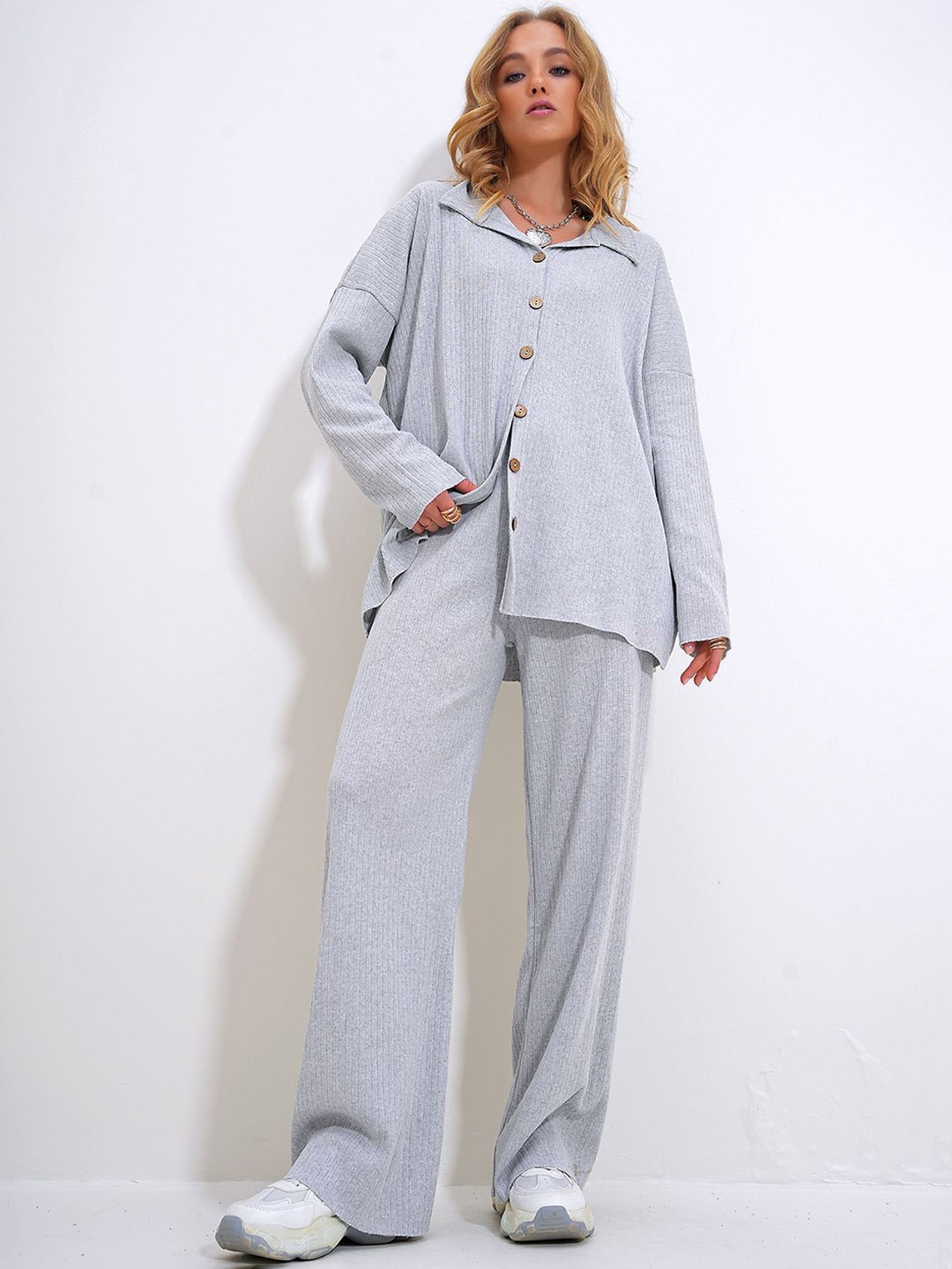 

Trend Alacati stili Ribbed Pure Cotton Shirt With Trousers, Grey