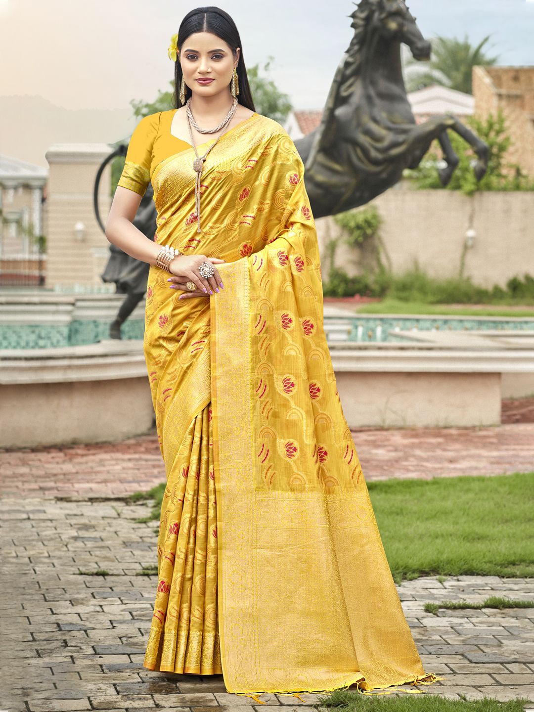 

Ishin Woven Design Zari Organza Saree With Blouse Piece, Yellow