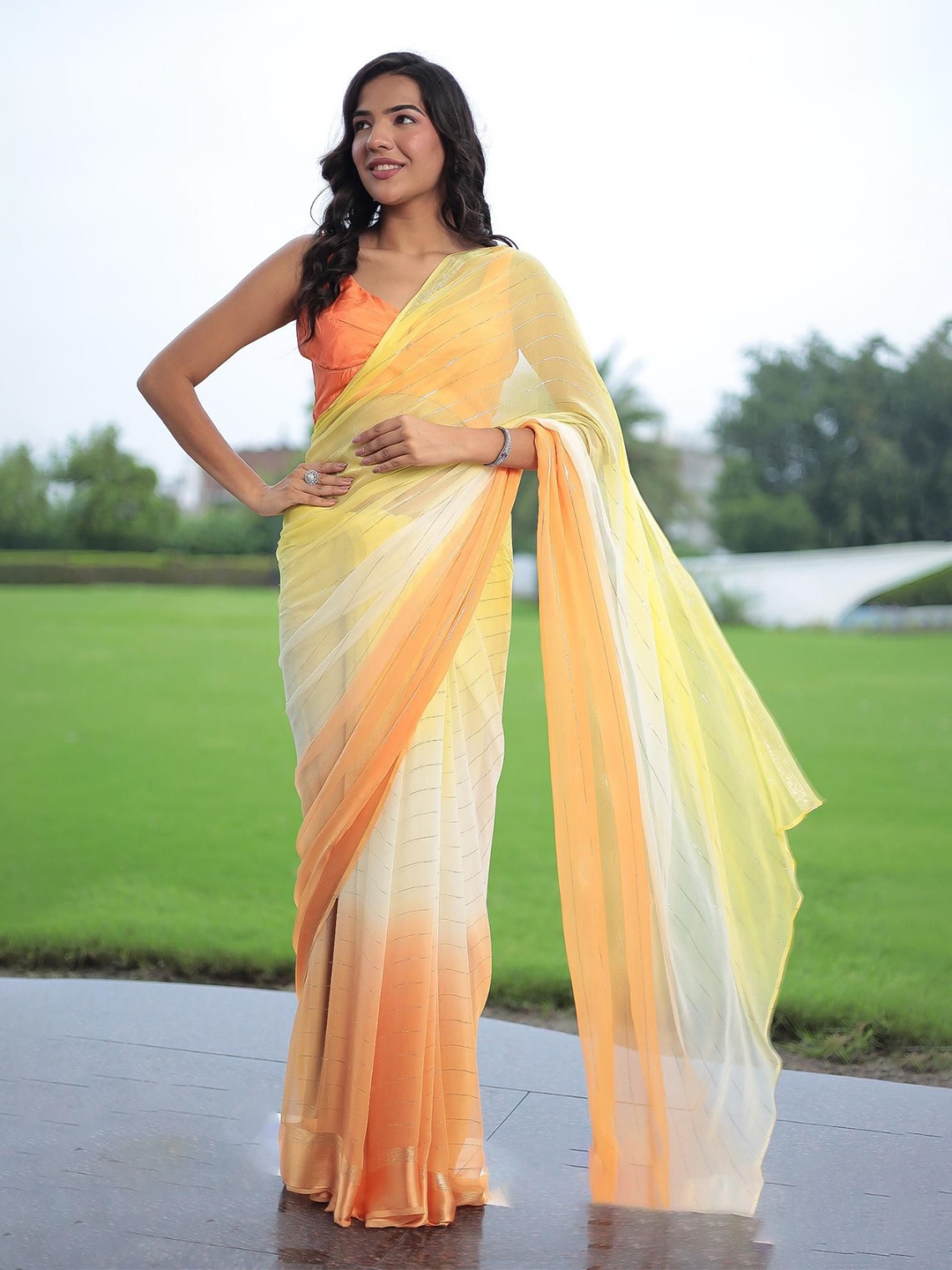 

ZARI Ombre Zari Pure Chiffon Saree, Yellow