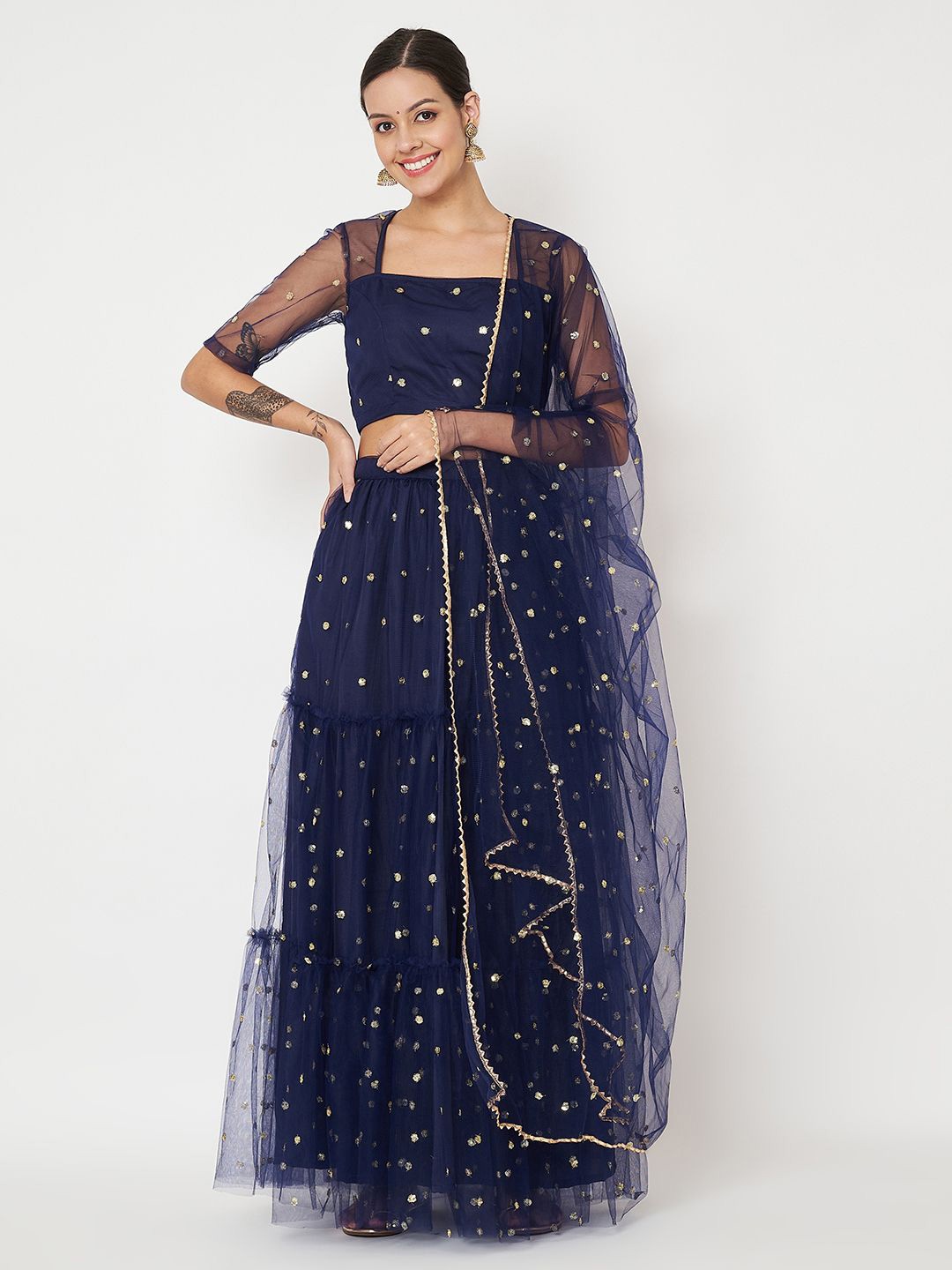 

studio rasa Embellished Sequinned Net Tiered Ready to Wear Lehenga & Blouse With Dupatta, Navy blue